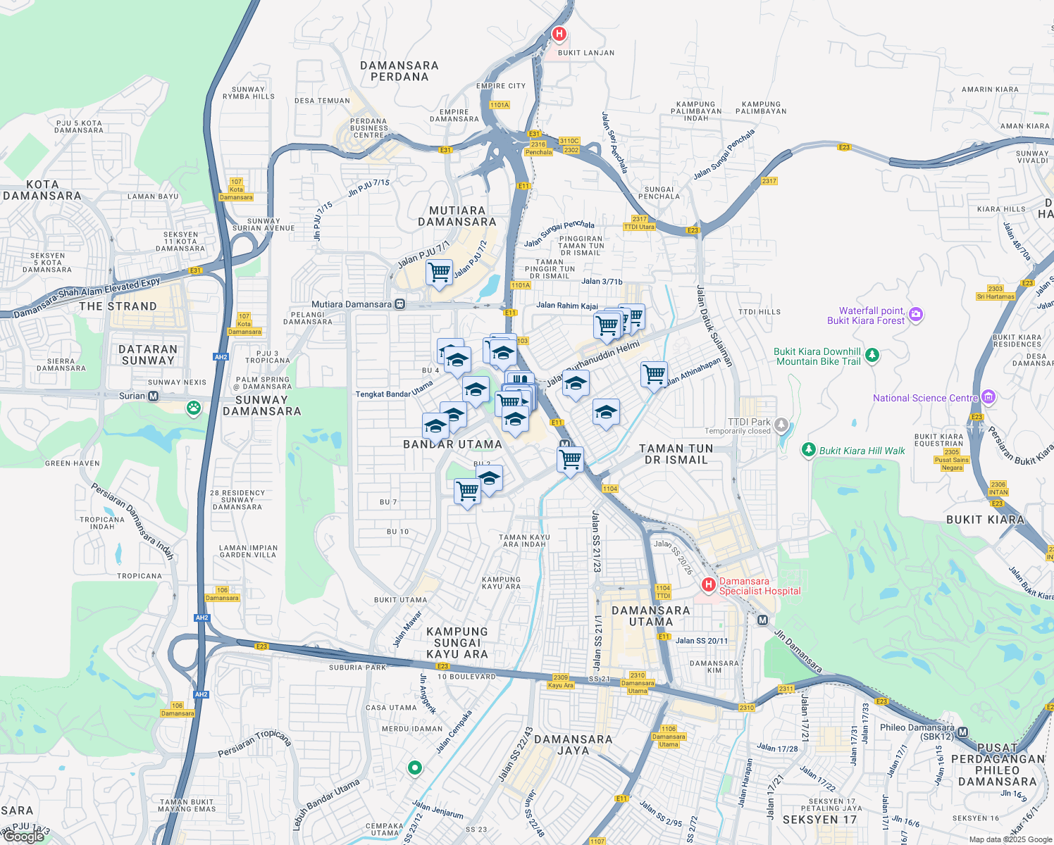 map of restaurants, bars, coffee shops, grocery stores, and more near 1 Lebuh Bandar Utama in Petaling Jaya