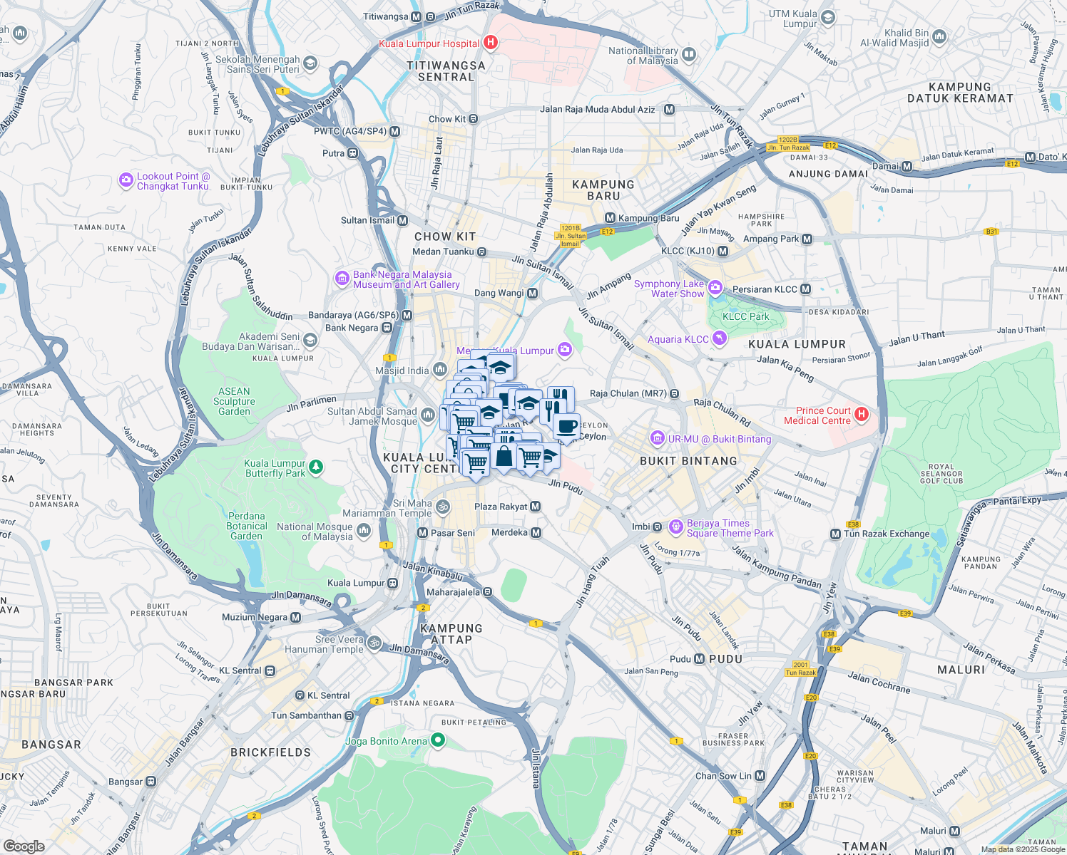 map of restaurants, bars, coffee shops, grocery stores, and more near No.3 Persiaran Raja Chulan in Kuala Lumpur