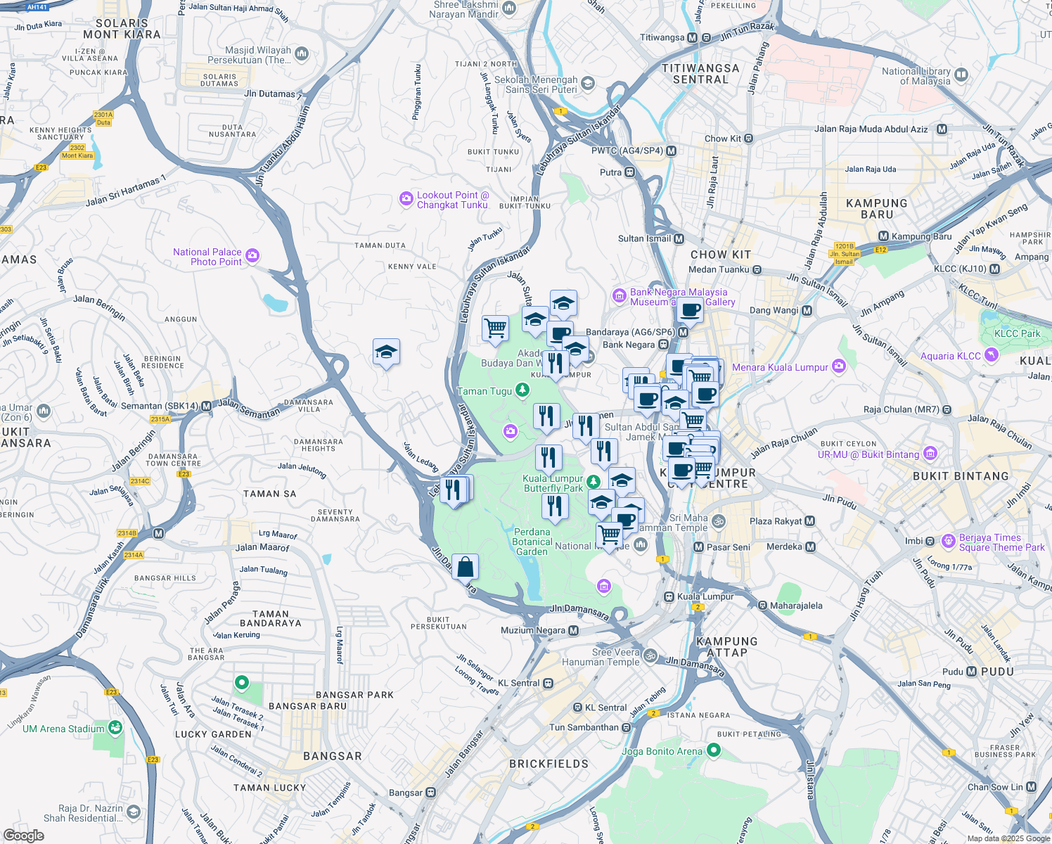 map of restaurants, bars, coffee shops, grocery stores, and more near Persiaran Sultan Salahuddin in Kuala Lumpur