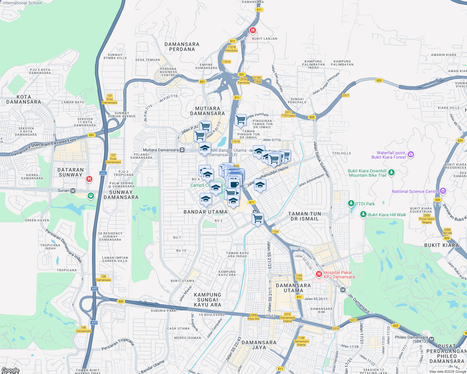 map of restaurants, bars, coffee shops, grocery stores, and more near 1 Lebuh Bandar Utama in Petaling Jaya