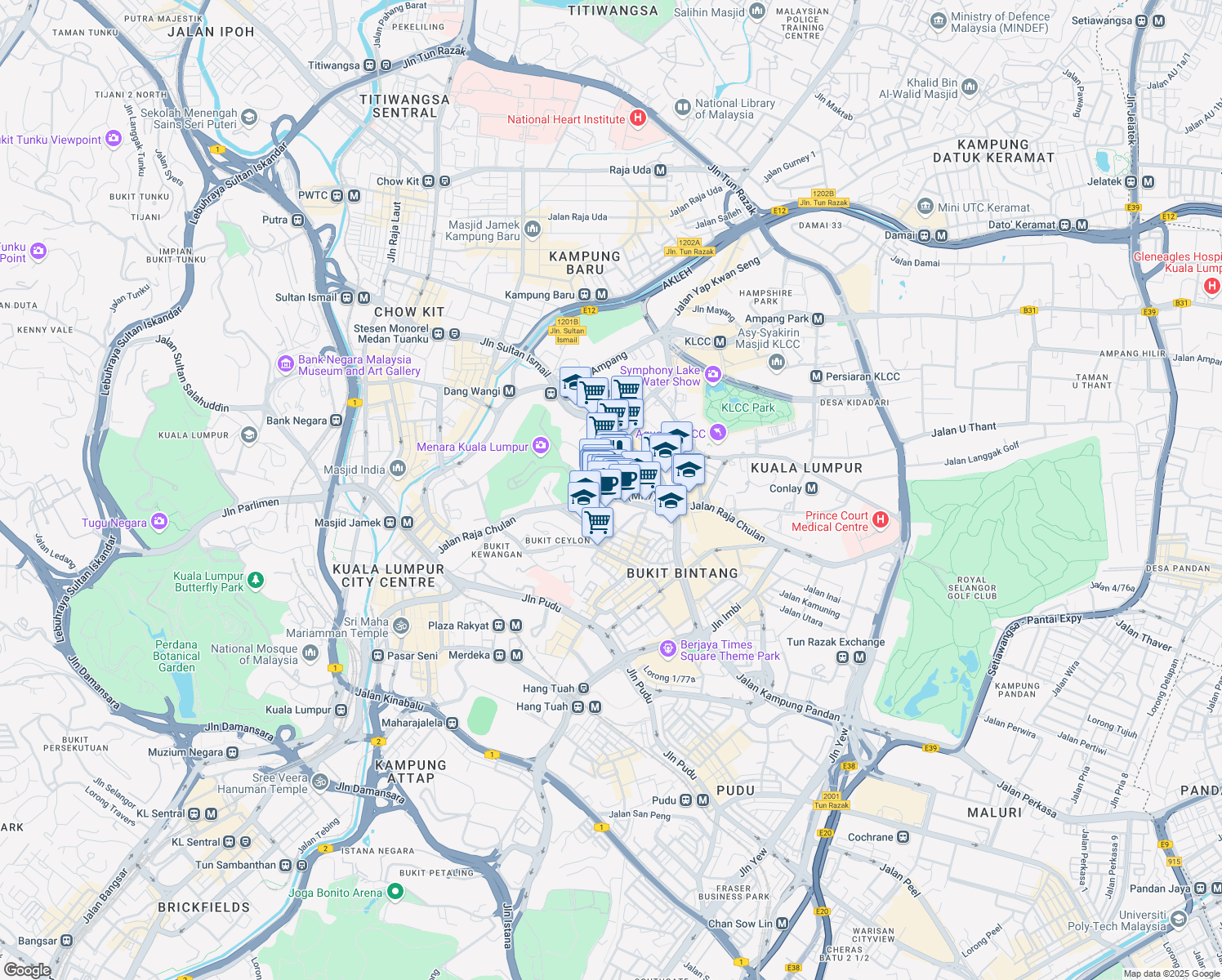 map of restaurants, bars, coffee shops, grocery stores, and more near 78 Jalan Raja Chulan in Kuala Lumpur