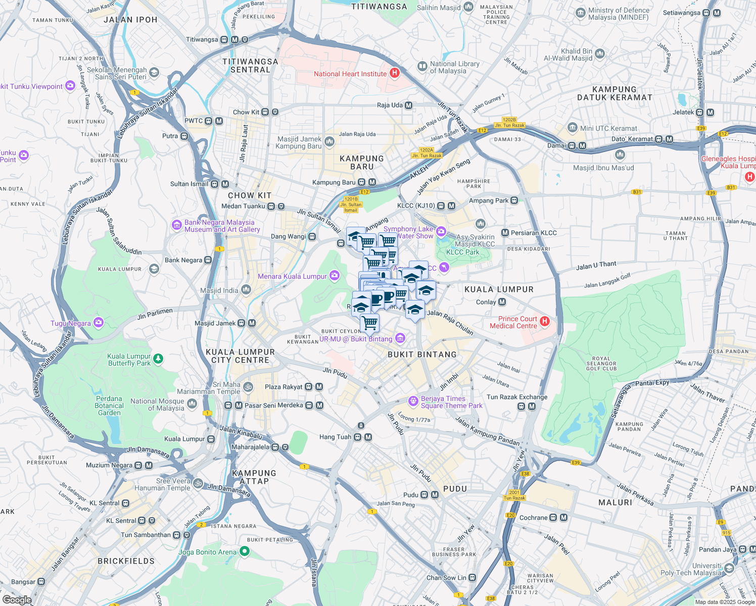 map of restaurants, bars, coffee shops, grocery stores, and more near 78 Jalan Raja Chulan in Kuala Lumpur