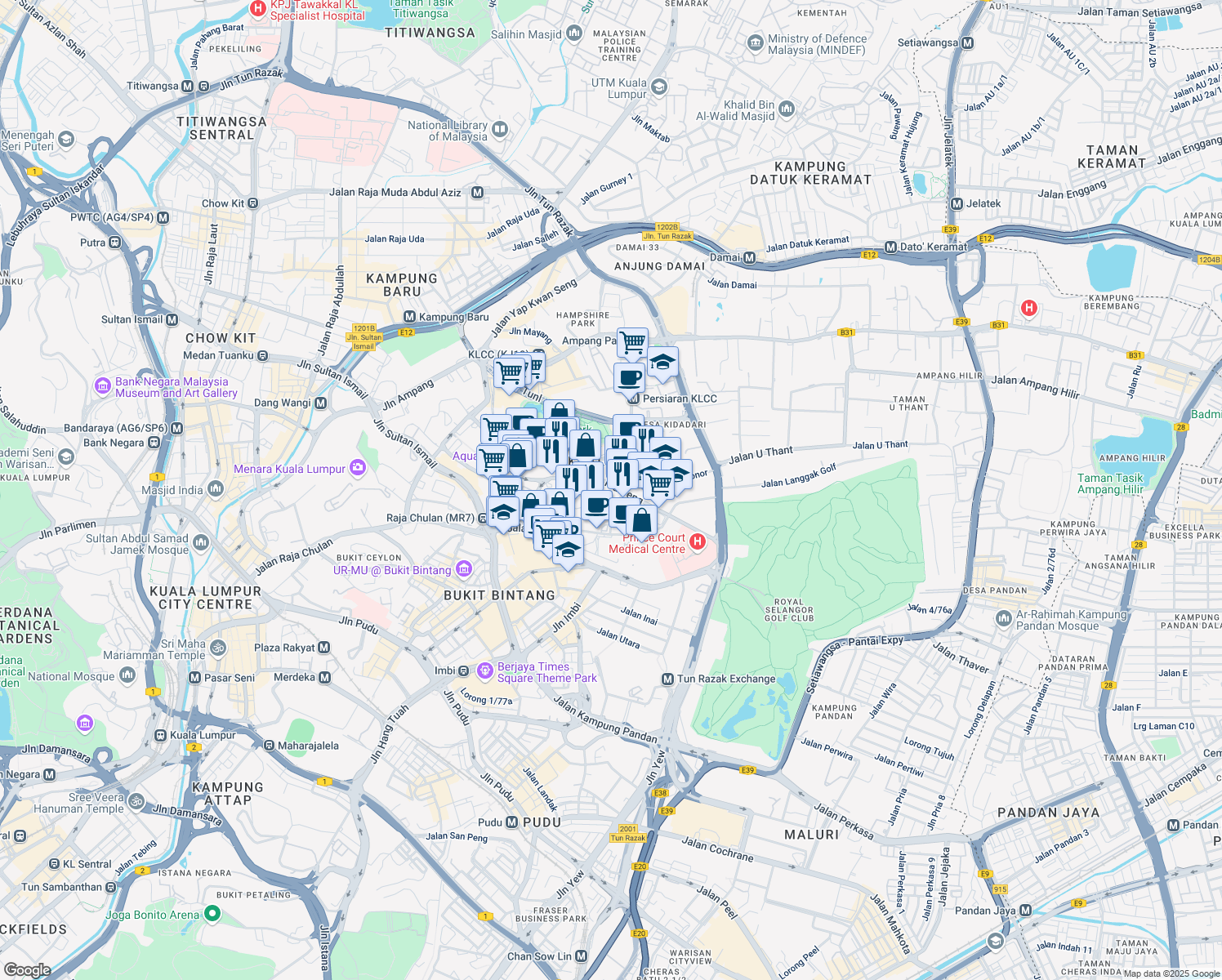 map of restaurants, bars, coffee shops, grocery stores, and more near 15 Jalan Kia Peng in Kuala Lumpur