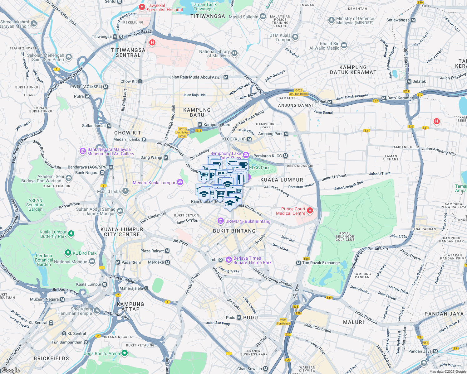 map of restaurants, bars, coffee shops, grocery stores, and more near 24 Jalan Perak in Kuala Lumpur
