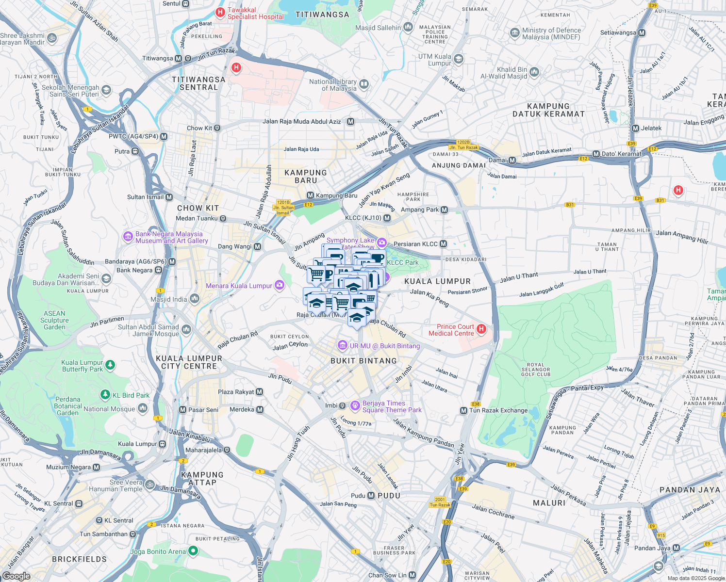 map of restaurants, bars, coffee shops, grocery stores, and more near 24 Jalan Perak in Kuala Lumpur
