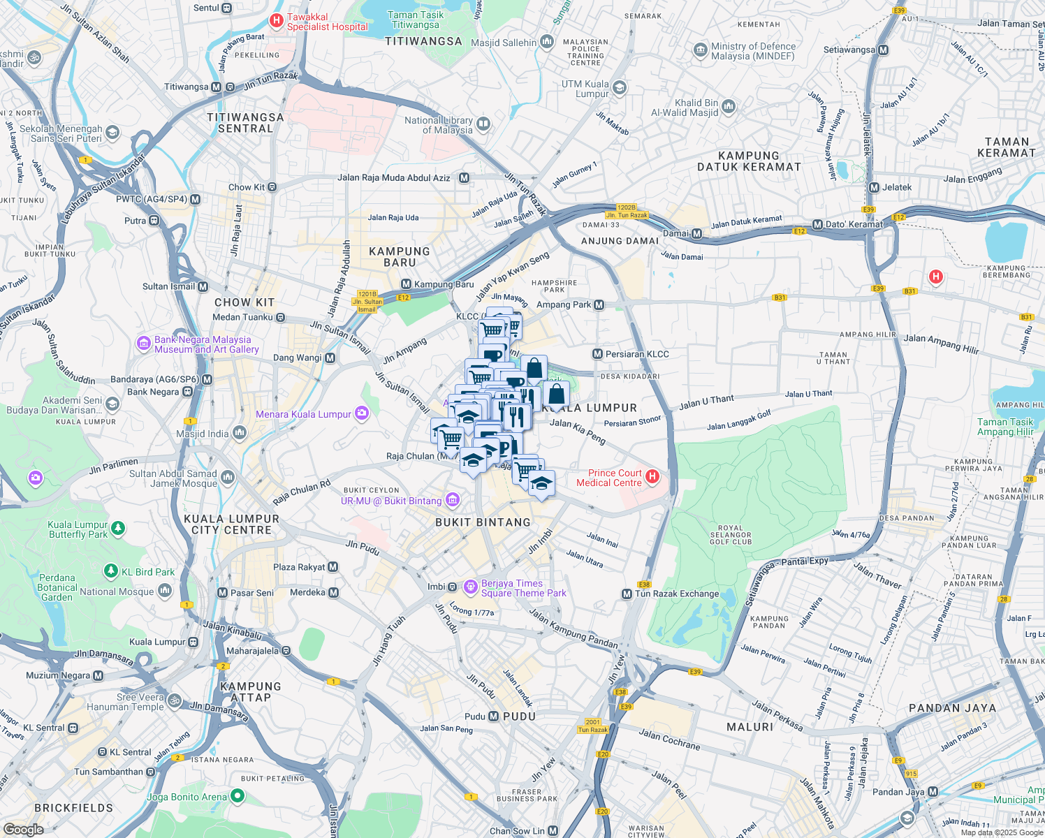 map of restaurants, bars, coffee shops, grocery stores, and more near 91 Jalan Pinang in Kuala Lumpur