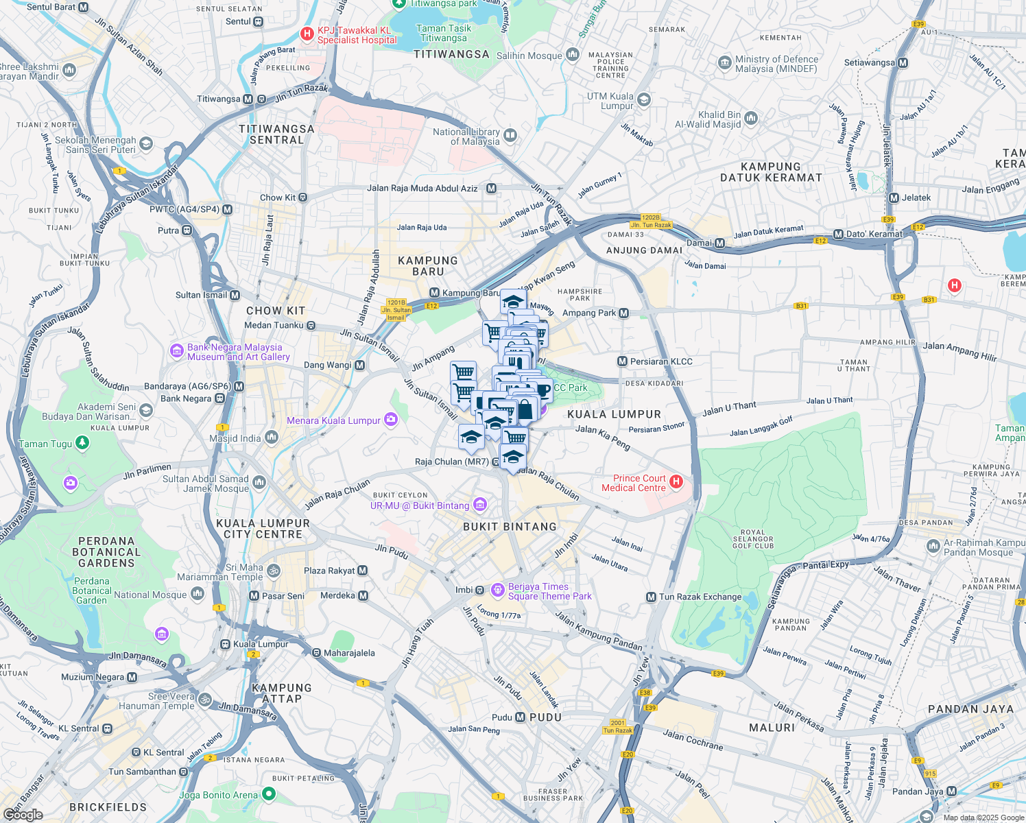 map of restaurants, bars, coffee shops, grocery stores, and more near Jalan Pinang in Kuala Lumpur