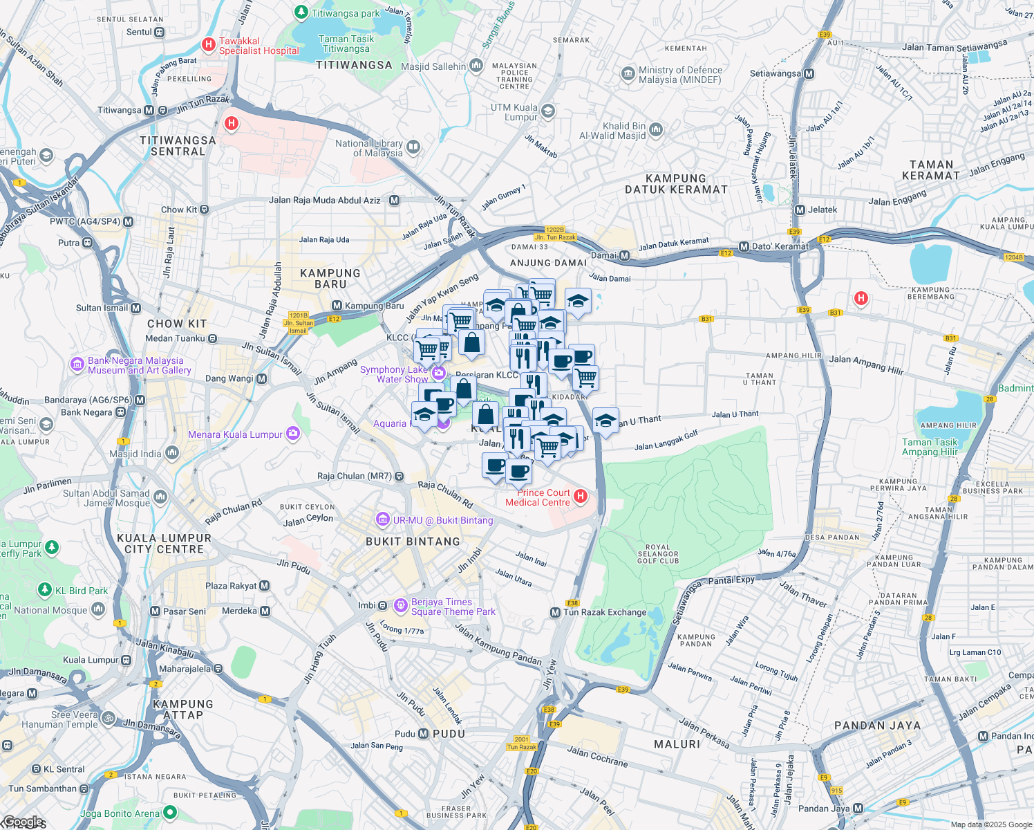 map of restaurants, bars, coffee shops, grocery stores, and more near Persiaran KLCC in Kuala Lumpur