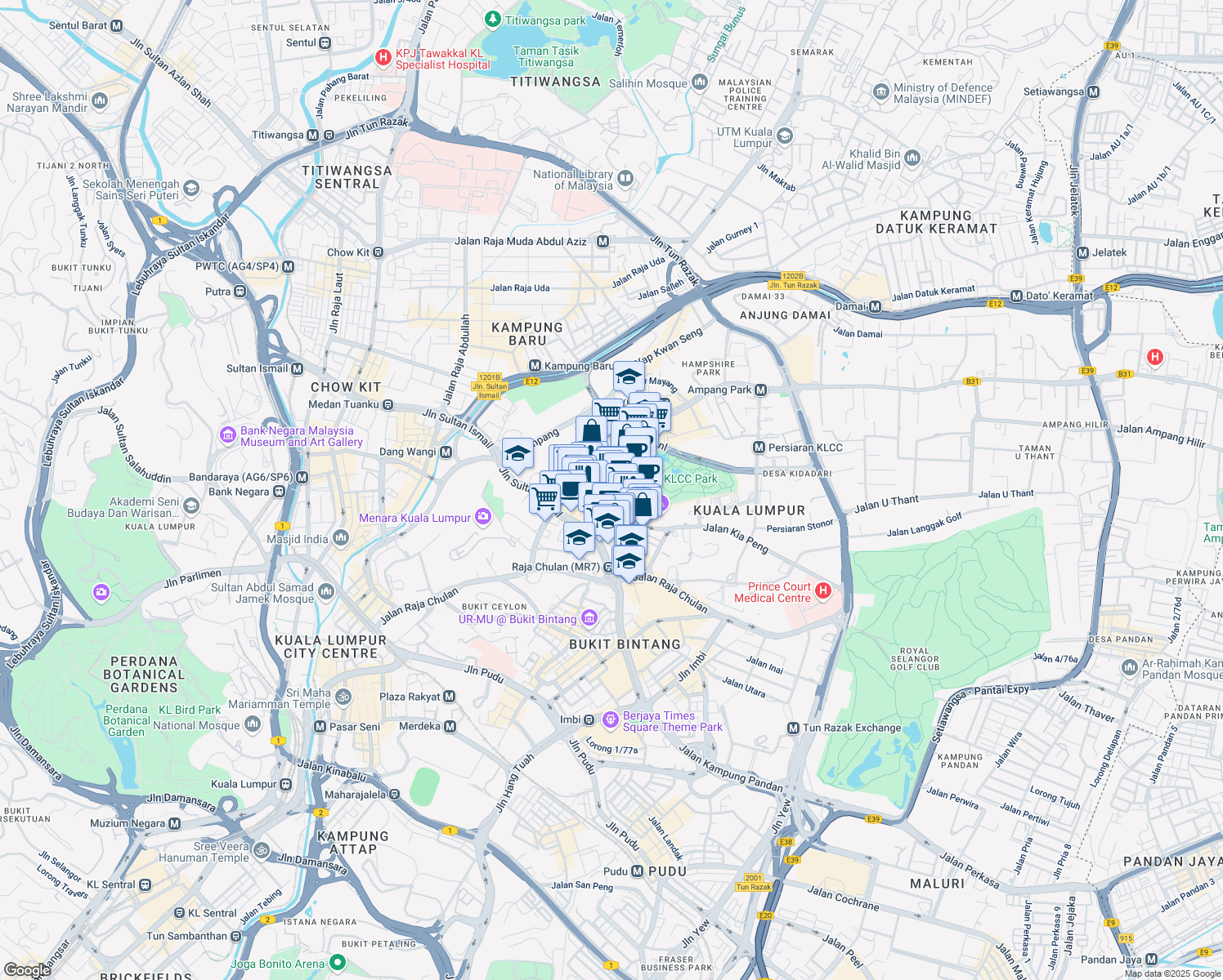 map of restaurants, bars, coffee shops, grocery stores, and more near 7 Jalan Pinang in Kuala Lumpur