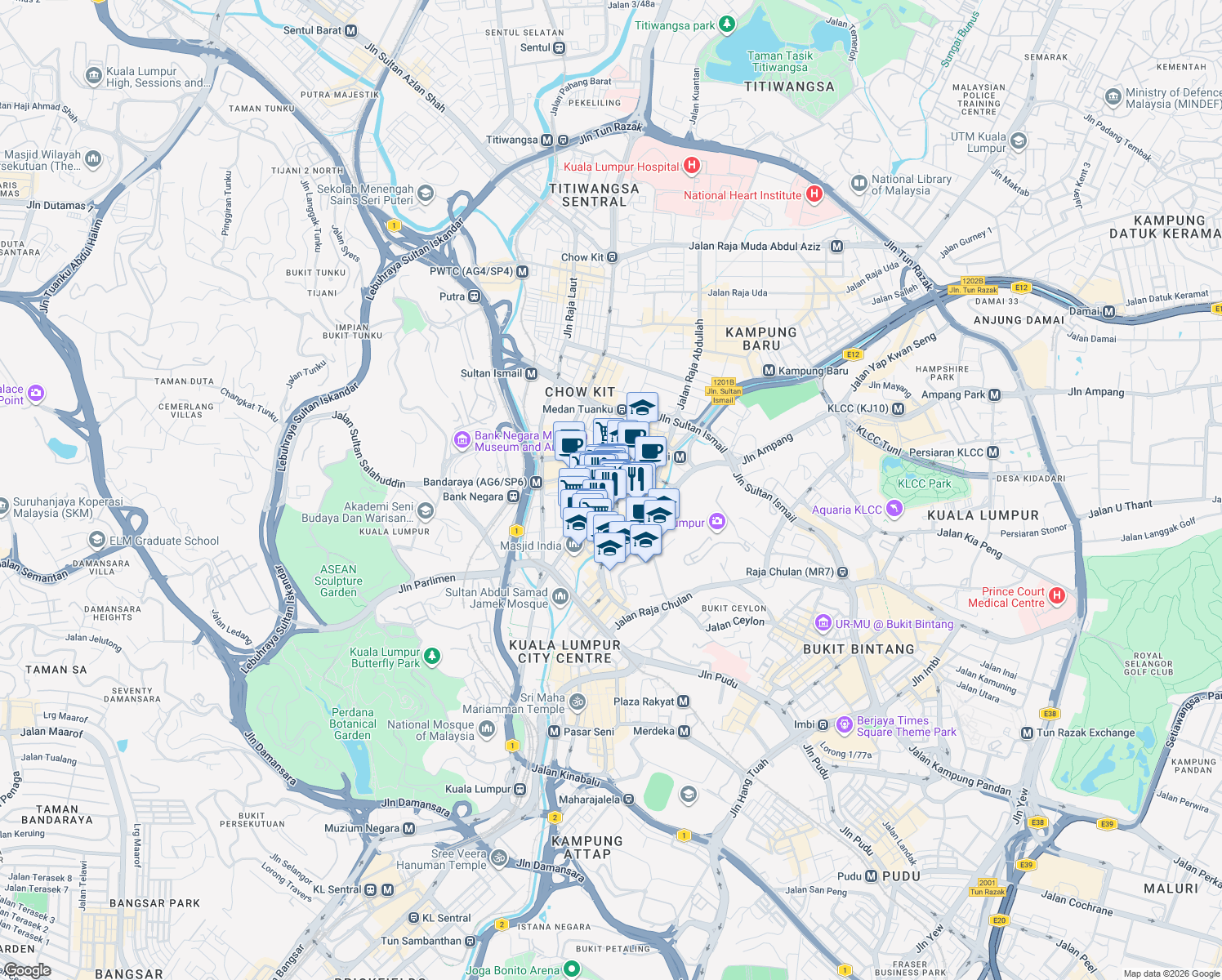 map of restaurants, bars, coffee shops, grocery stores, and more near Jalan Bonus 6 in Kuala Lumpur