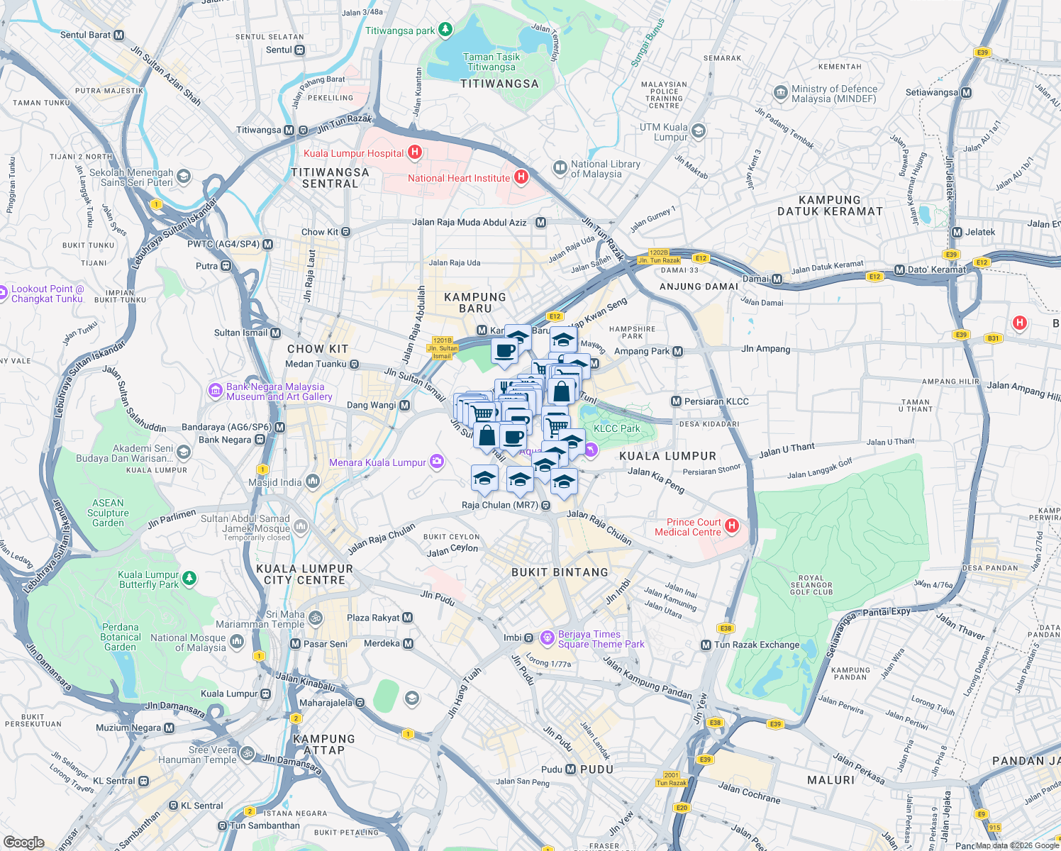 map of restaurants, bars, coffee shops, grocery stores, and more near 1 Jalan Pinang in Kuala Lumpur