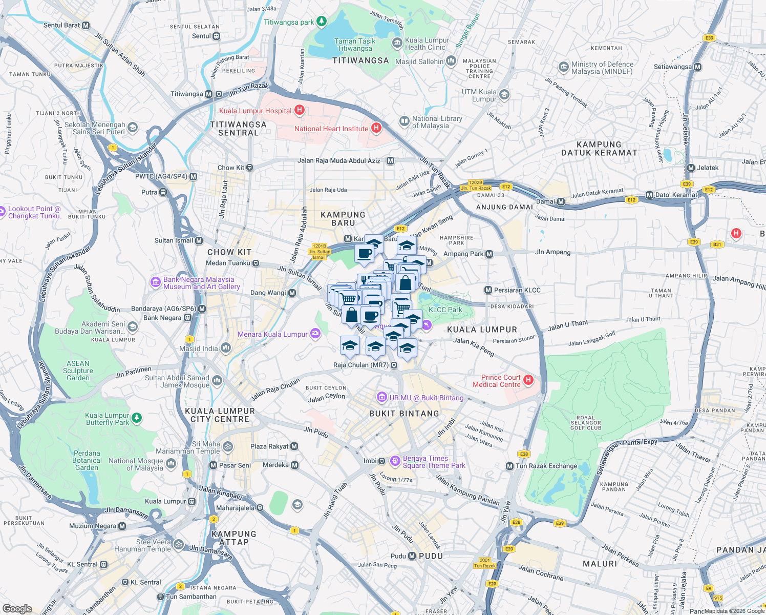 map of restaurants, bars, coffee shops, grocery stores, and more near 1 Jalan Pinang in Kuala Lumpur