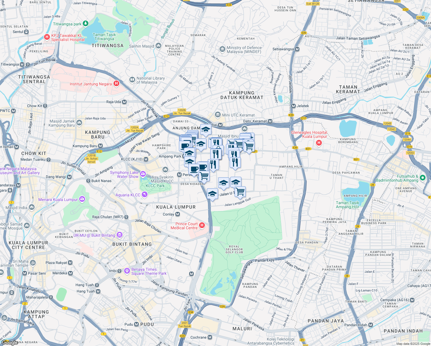 map of restaurants, bars, coffee shops, grocery stores, and more near 12 Jalan Taman U Thant in Kuala Lumpur