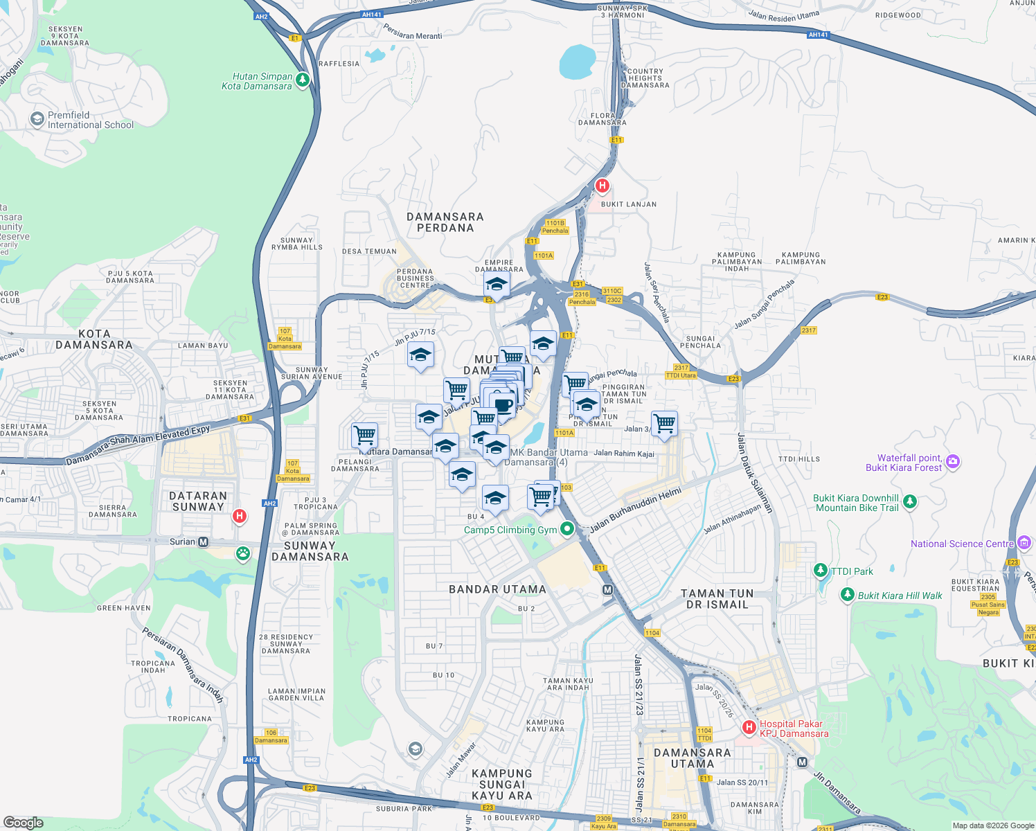map of restaurants, bars, coffee shops, grocery stores, and more near 2 Jalan PJU 7/2 in Petaling Jaya