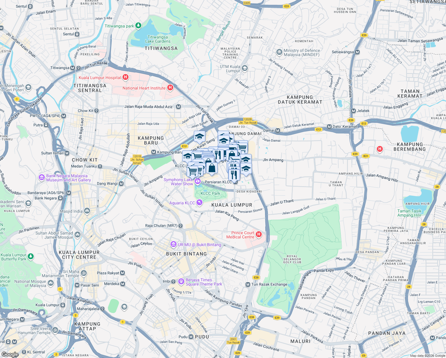 map of restaurants, bars, coffee shops, grocery stores, and more near Persiaran KLCC in Kuala Lumpur