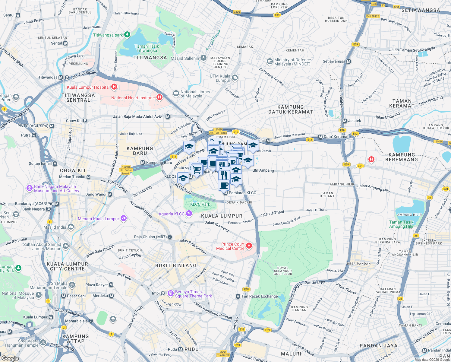 map of restaurants, bars, coffee shops, grocery stores, and more near Jalan Binjai in Kuala Lumpur