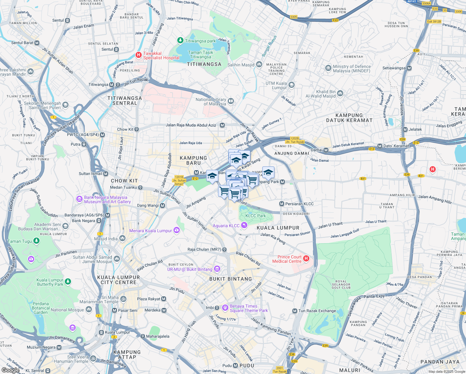 map of restaurants, bars, coffee shops, grocery stores, and more near 89 Jalan Ampang in Kuala Lumpur