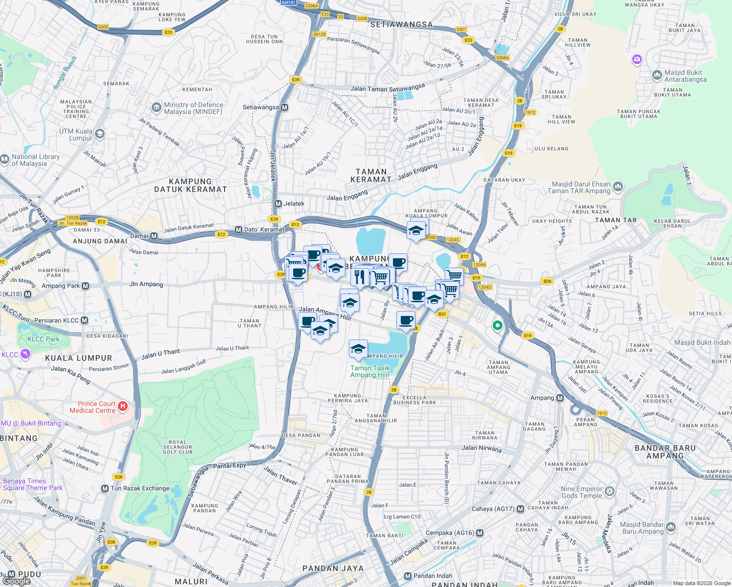 map of restaurants, bars, coffee shops, grocery stores, and more near 349 Jalan Ampang in Kuala Lumpur