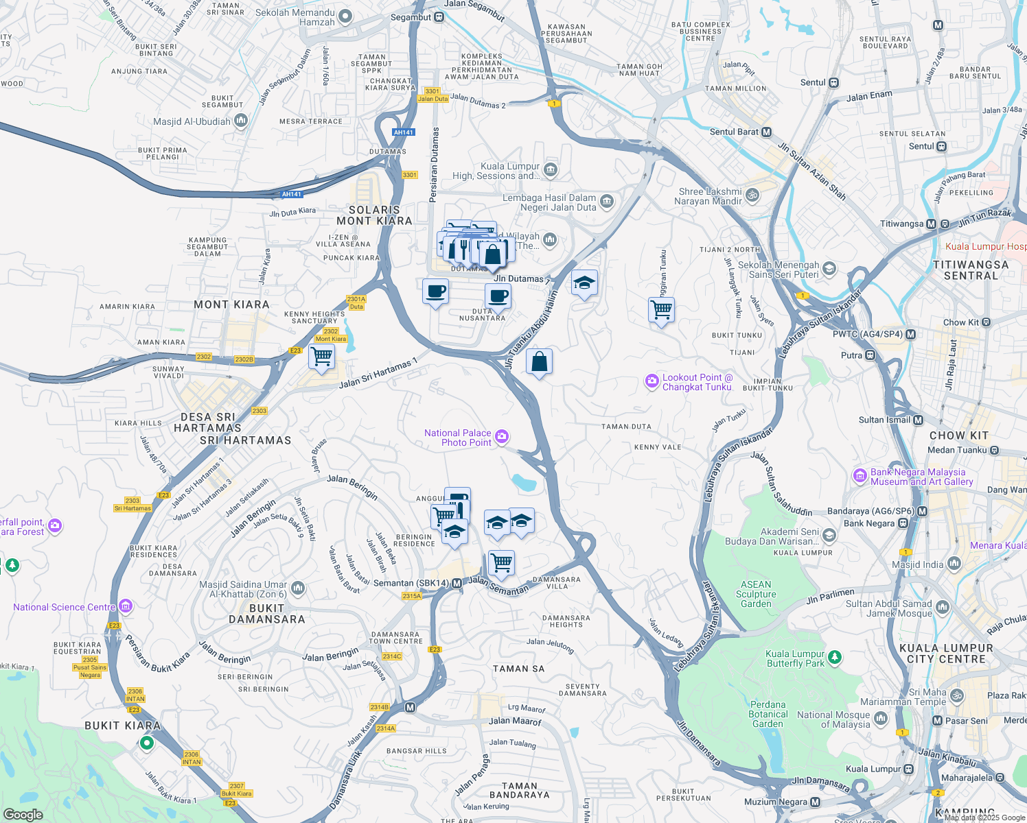 map of restaurants, bars, coffee shops, grocery stores, and more near Exit Jalan Duta in Kuala Lumpur