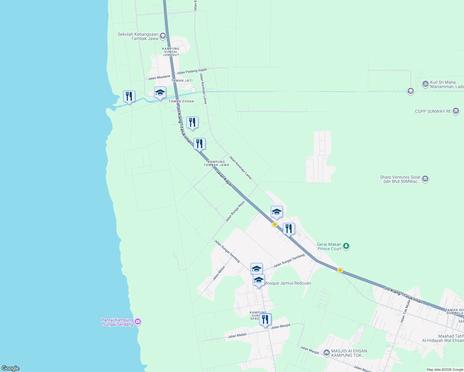 map of restaurants, bars, coffee shops, grocery stores, and more near 5182 Jalan Kapar in Jeram