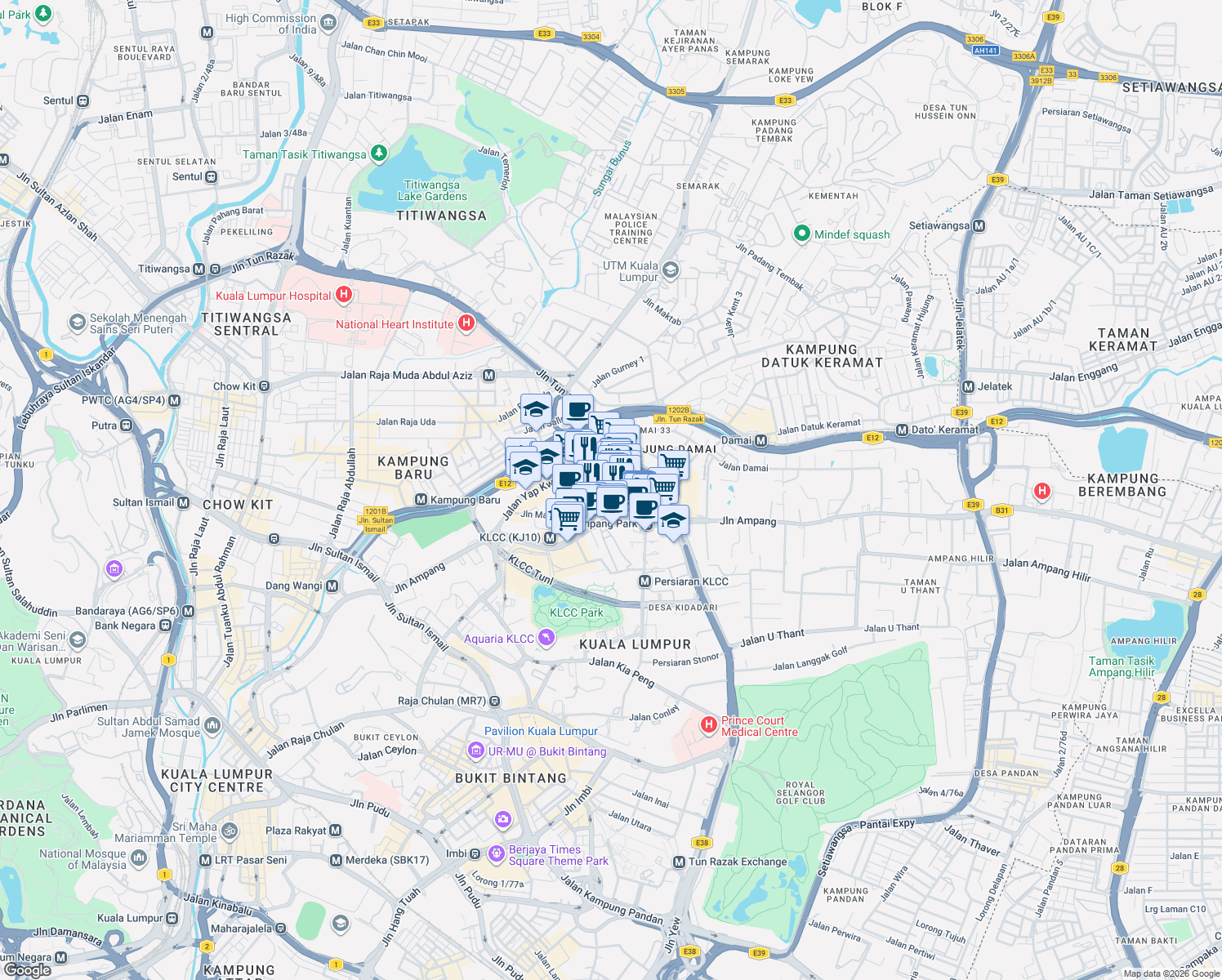 map of restaurants, bars, coffee shops, grocery stores, and more near Jalan Mayang Sari in Kuala Lumpur