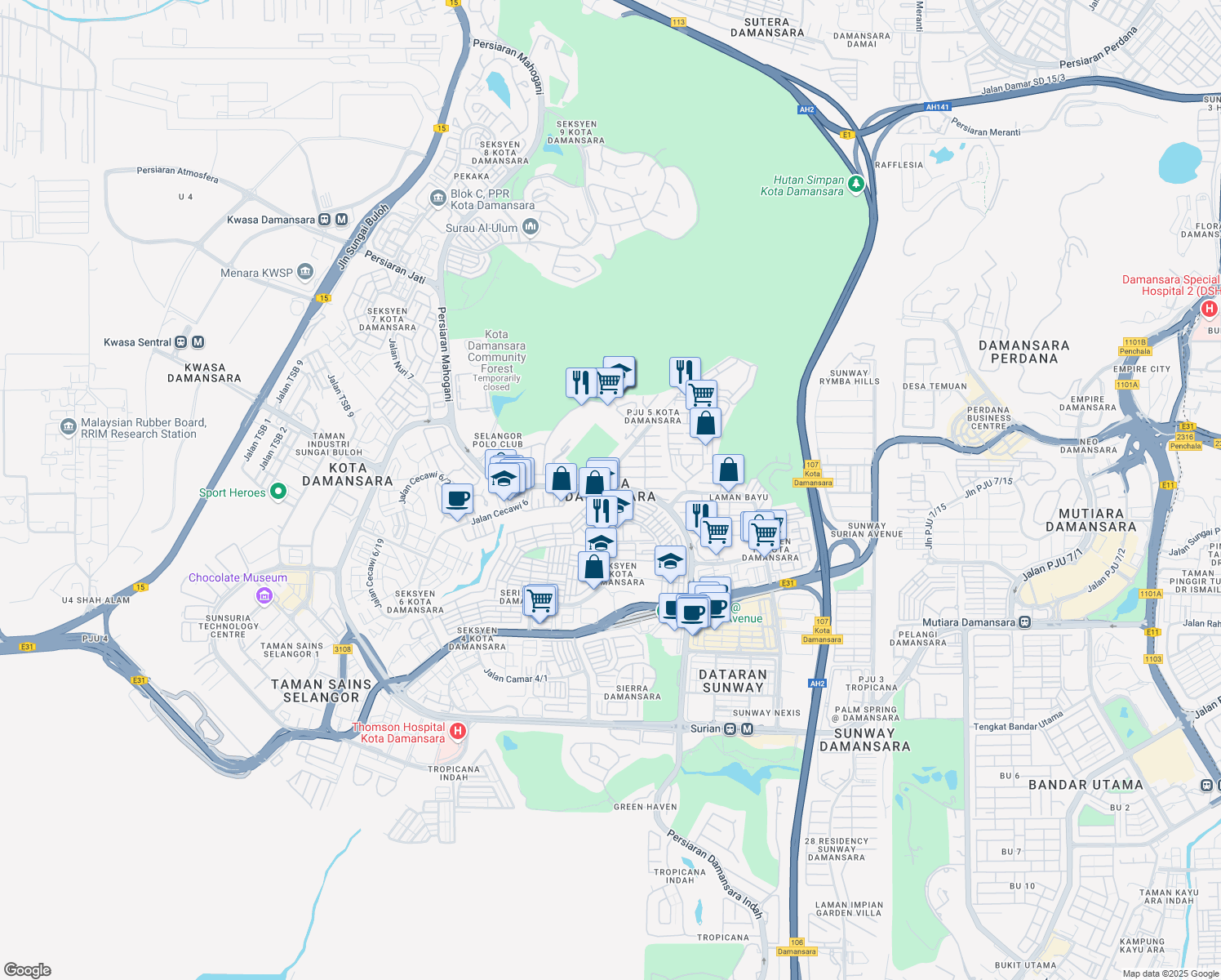 map of restaurants, bars, coffee shops, grocery stores, and more near in Petaling Jaya