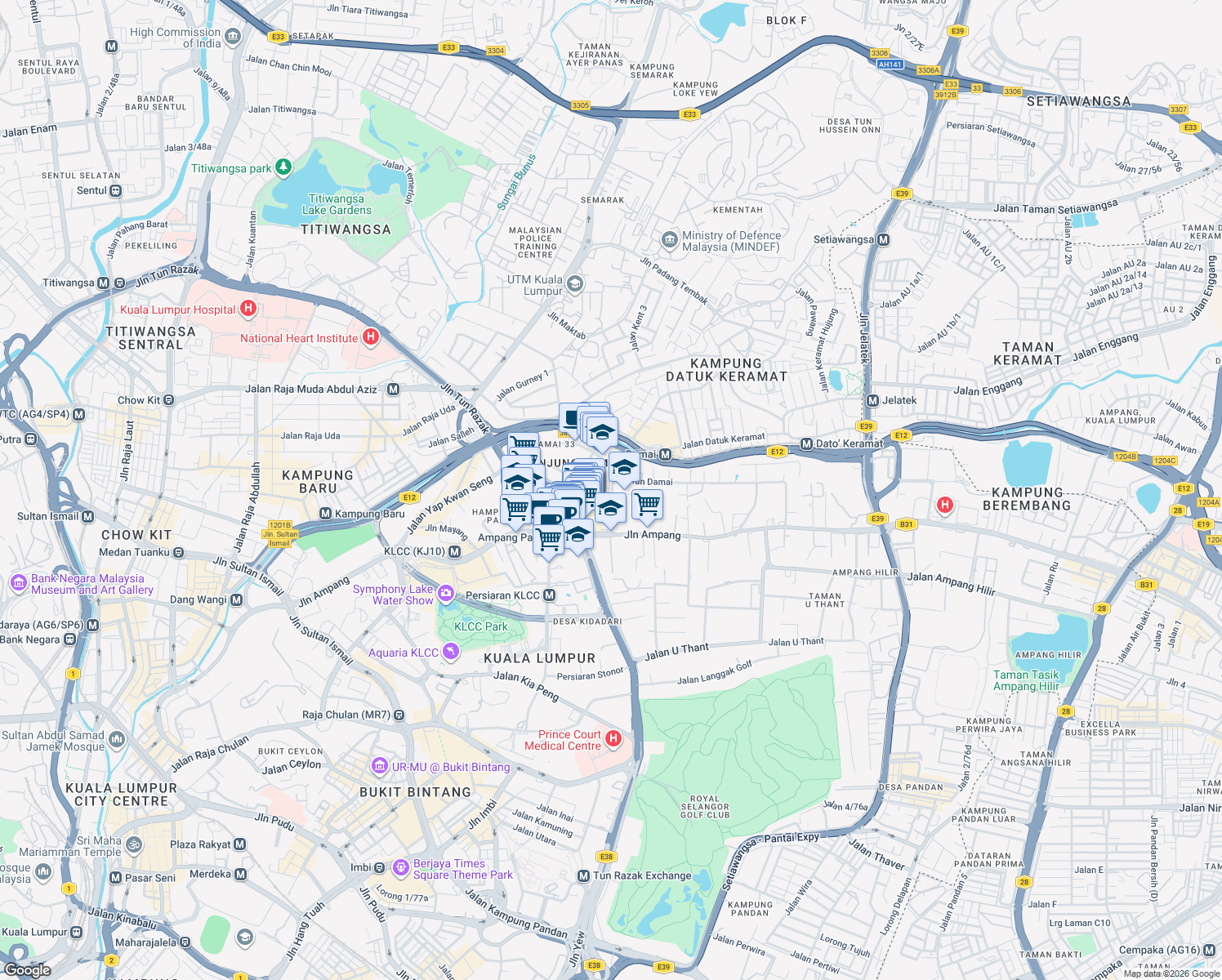 map of restaurants, bars, coffee shops, grocery stores, and more near Jalan Sejahtera in Kuala Lumpur