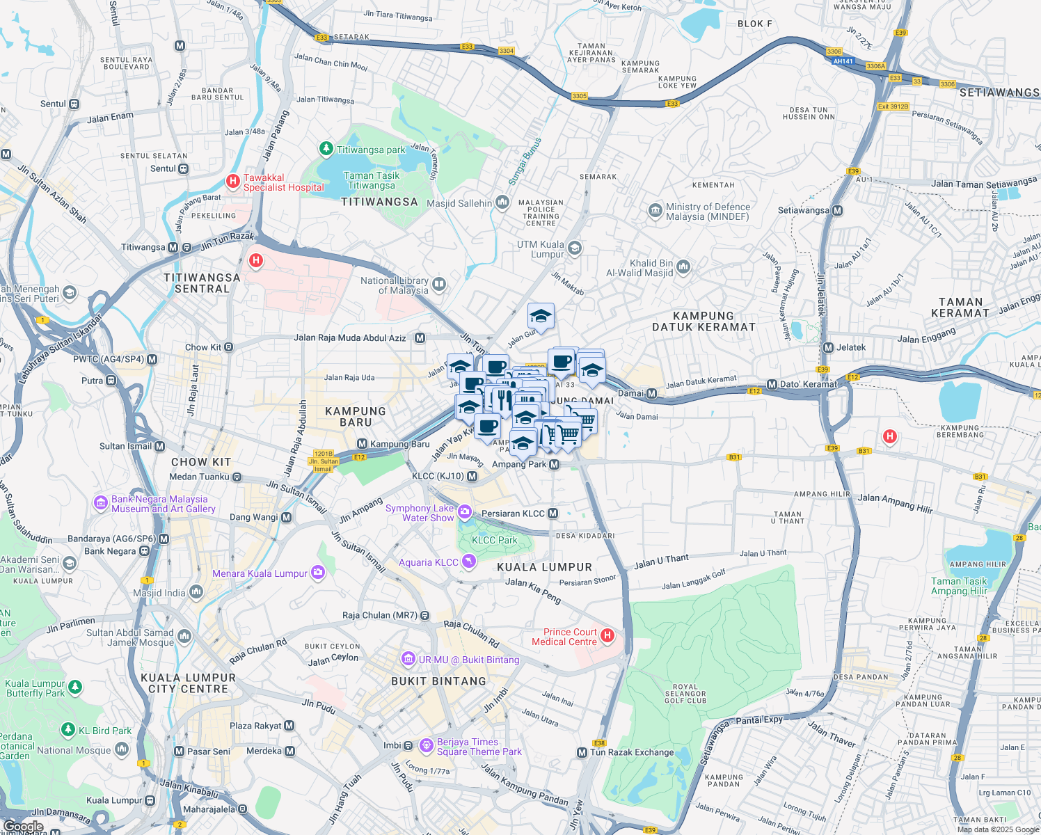 map of restaurants, bars, coffee shops, grocery stores, and more near 1 Jalan Mayang Sari in Kuala Lumpur