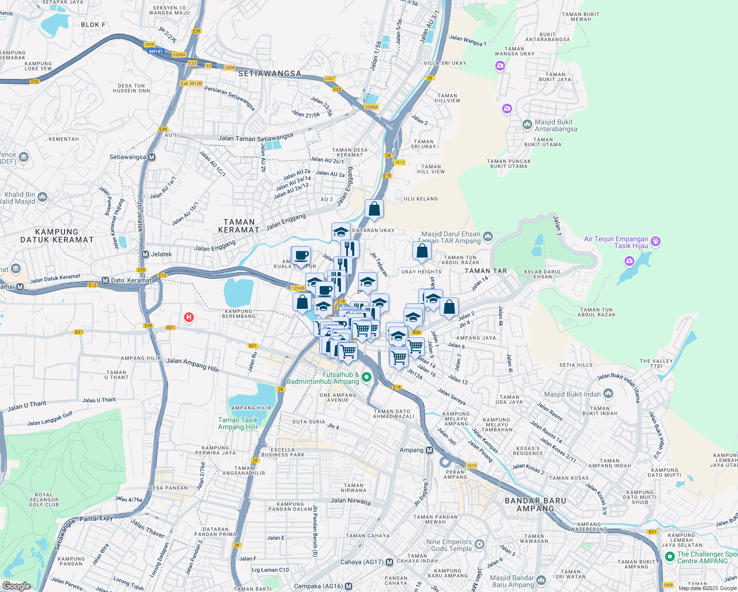 map of restaurants, bars, coffee shops, grocery stores, and more near 16 Jalan Pakat in Ampang