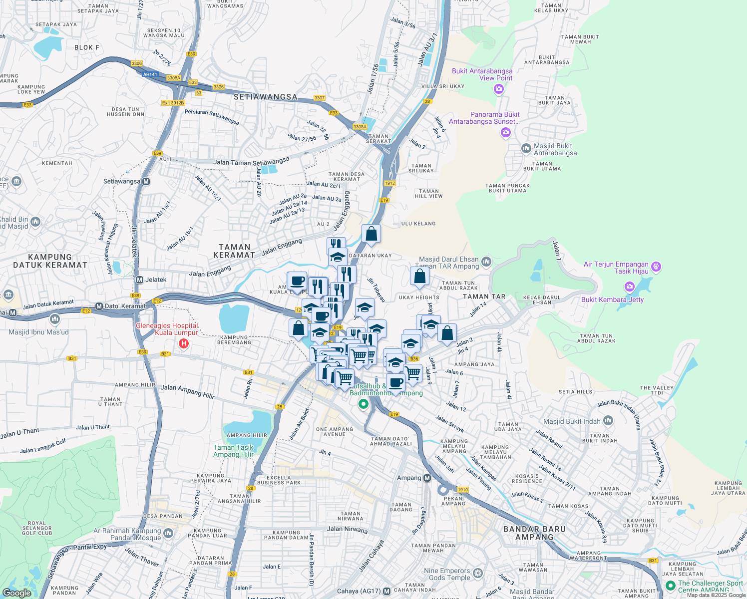 map of restaurants, bars, coffee shops, grocery stores, and more near 1 Jalan Pimping in Ampang