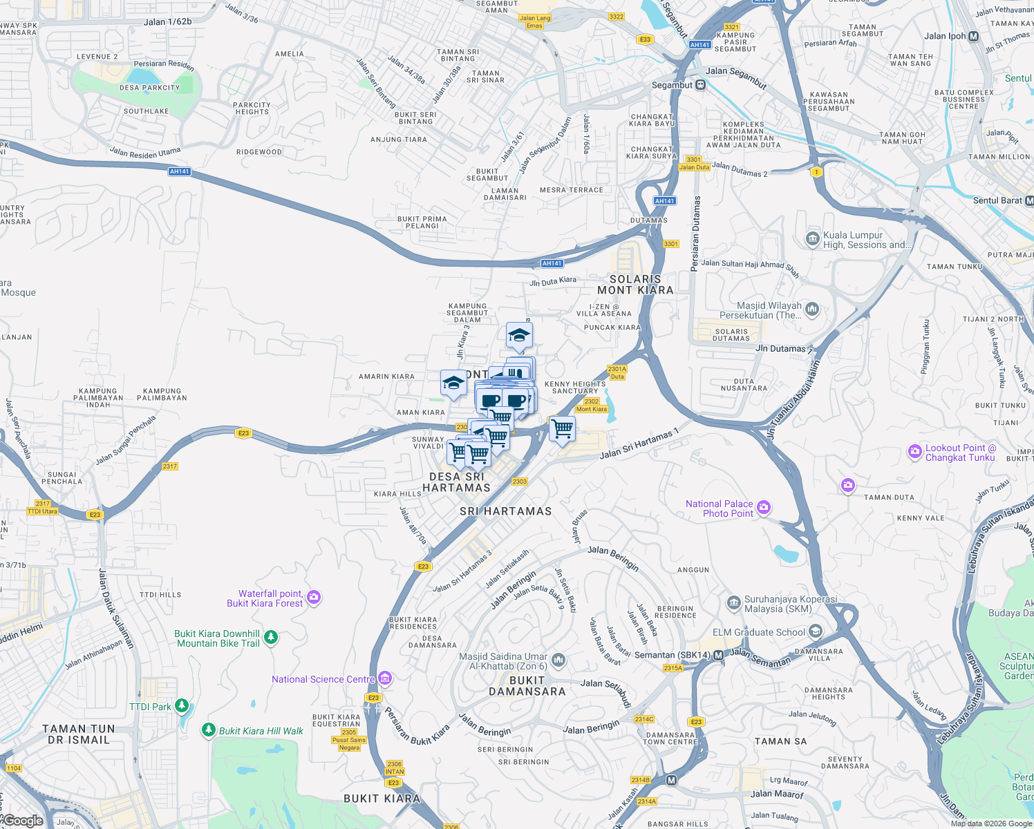 map of restaurants, bars, coffee shops, grocery stores, and more near 1 Jalan Kiara in Kuala Lumpur