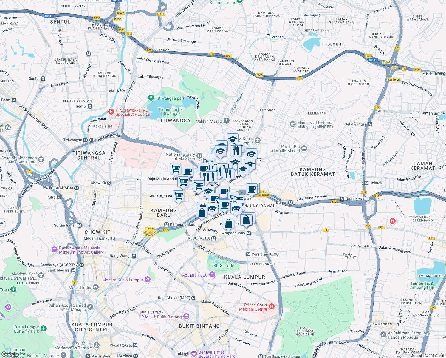 map of restaurants, bars, coffee shops, grocery stores, and more near 3 Jalan Semarak in Kuala Lumpur