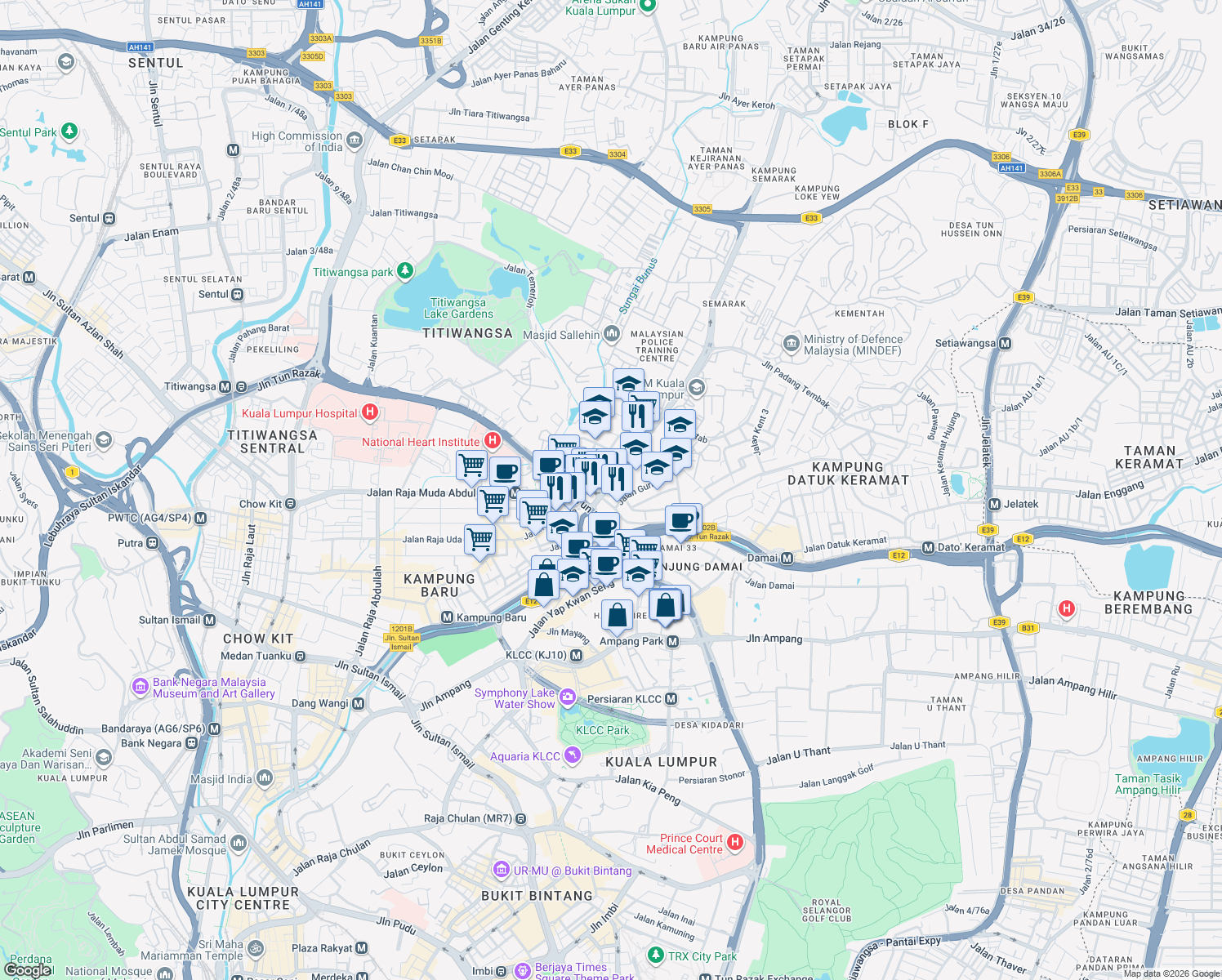map of restaurants, bars, coffee shops, grocery stores, and more near 3 Jalan Sultan Yahya Petra in Kuala Lumpur