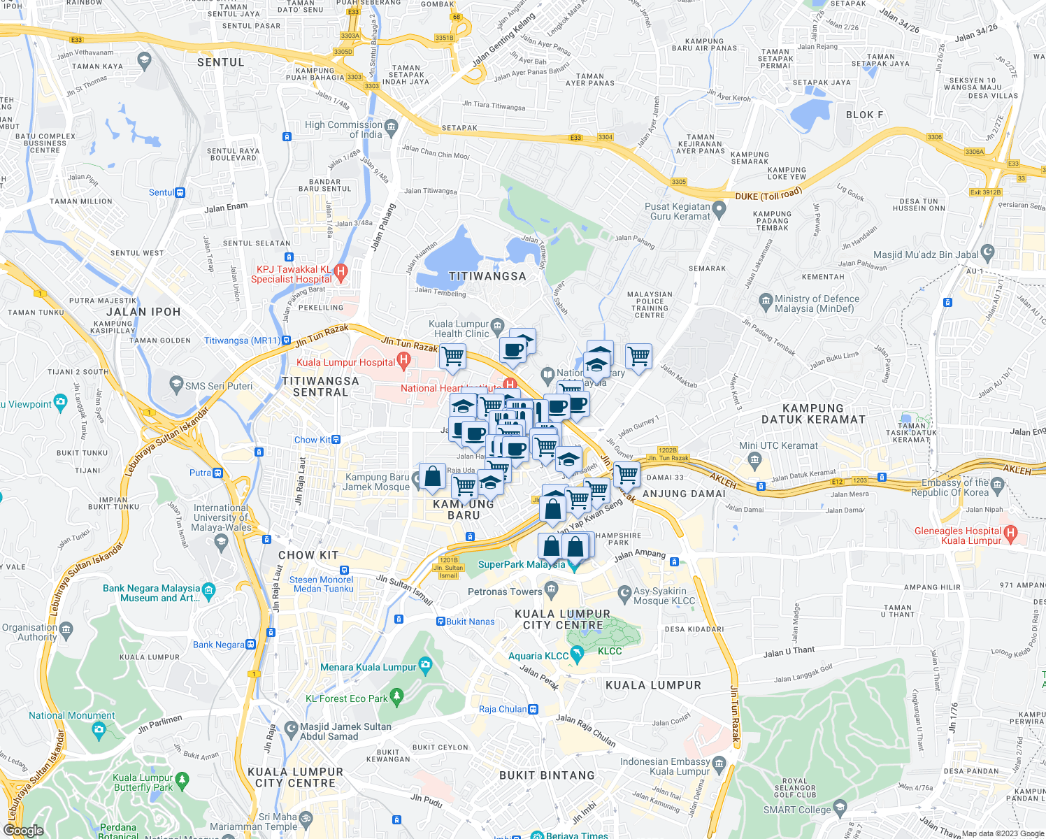 map of restaurants, bars, coffee shops, grocery stores, and more near Jalan Tun Razak in Kuala Lumpur