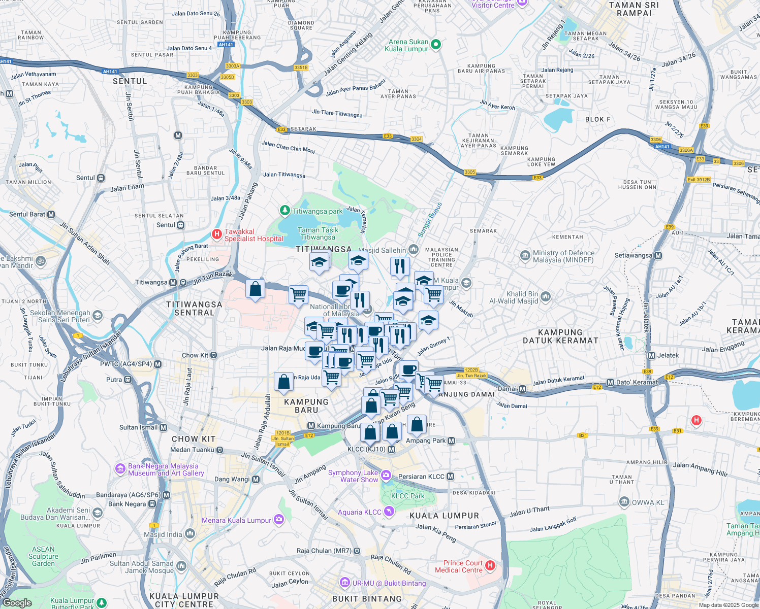 map of restaurants, bars, coffee shops, grocery stores, and more near Off Jalan Tun Razak in Kuala Lumpur