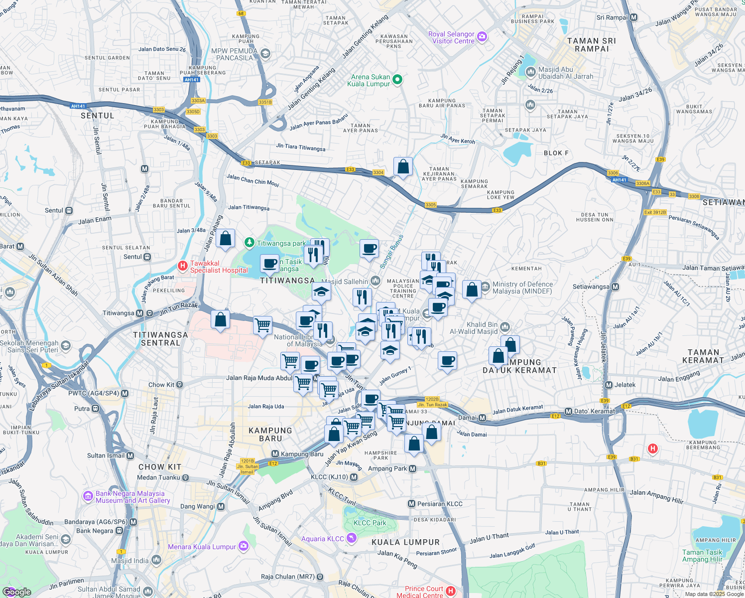 map of restaurants, bars, coffee shops, grocery stores, and more near Jalan Kinabalu in Kuala Lumpur