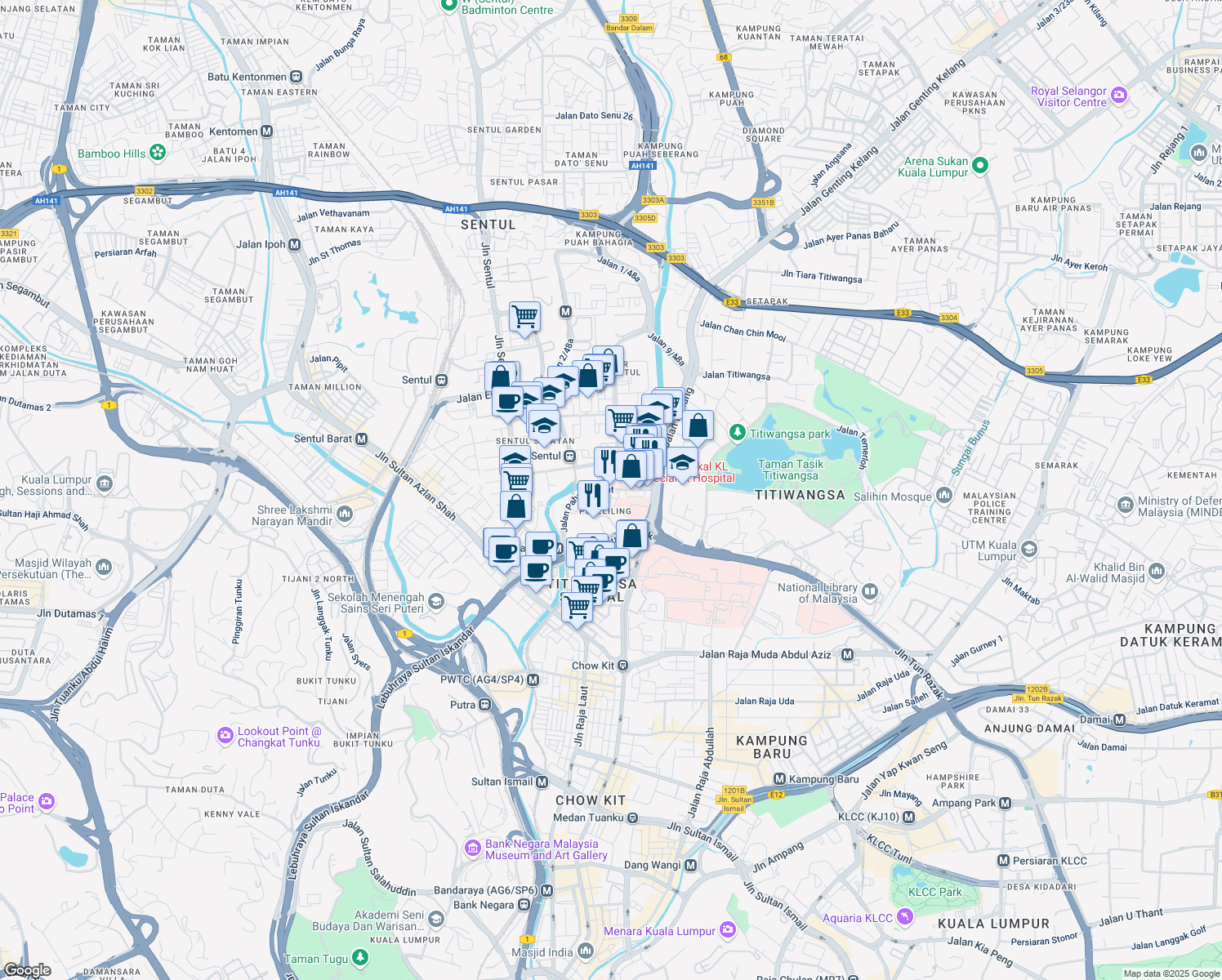 map of restaurants, bars, coffee shops, grocery stores, and more near Jalan Pahang Barat in Kuala Lumpur