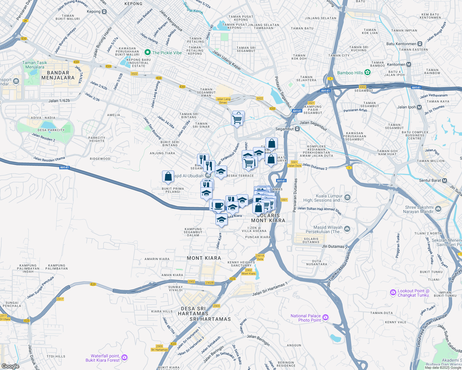map of restaurants, bars, coffee shops, grocery stores, and more near 30 Jalan Dutamas Raya in Kuala Lumpur