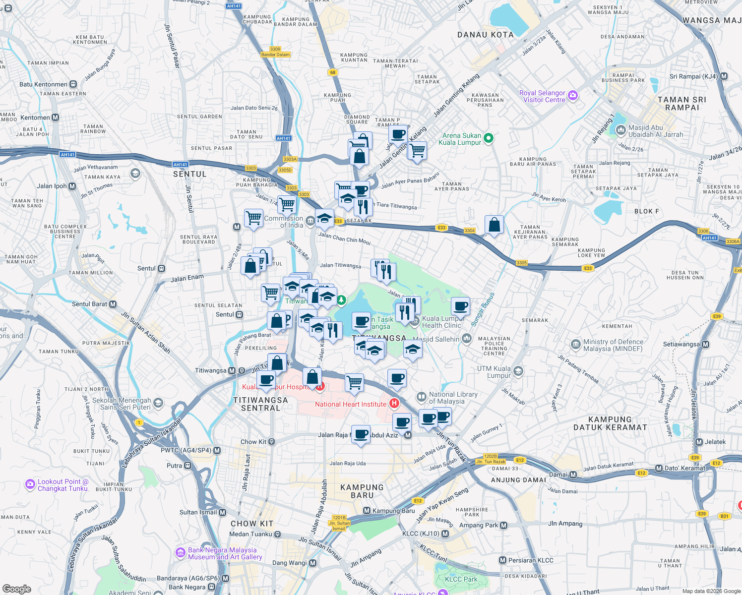map of restaurants, bars, coffee shops, grocery stores, and more near in Kuala Lumpur