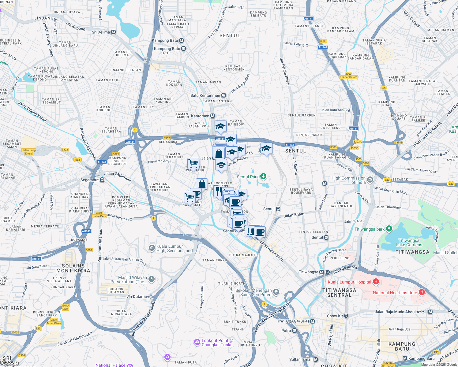 map of restaurants, bars, coffee shops, grocery stores, and more near Jalan Sultan Azlan Shah in Kuala Lumpur