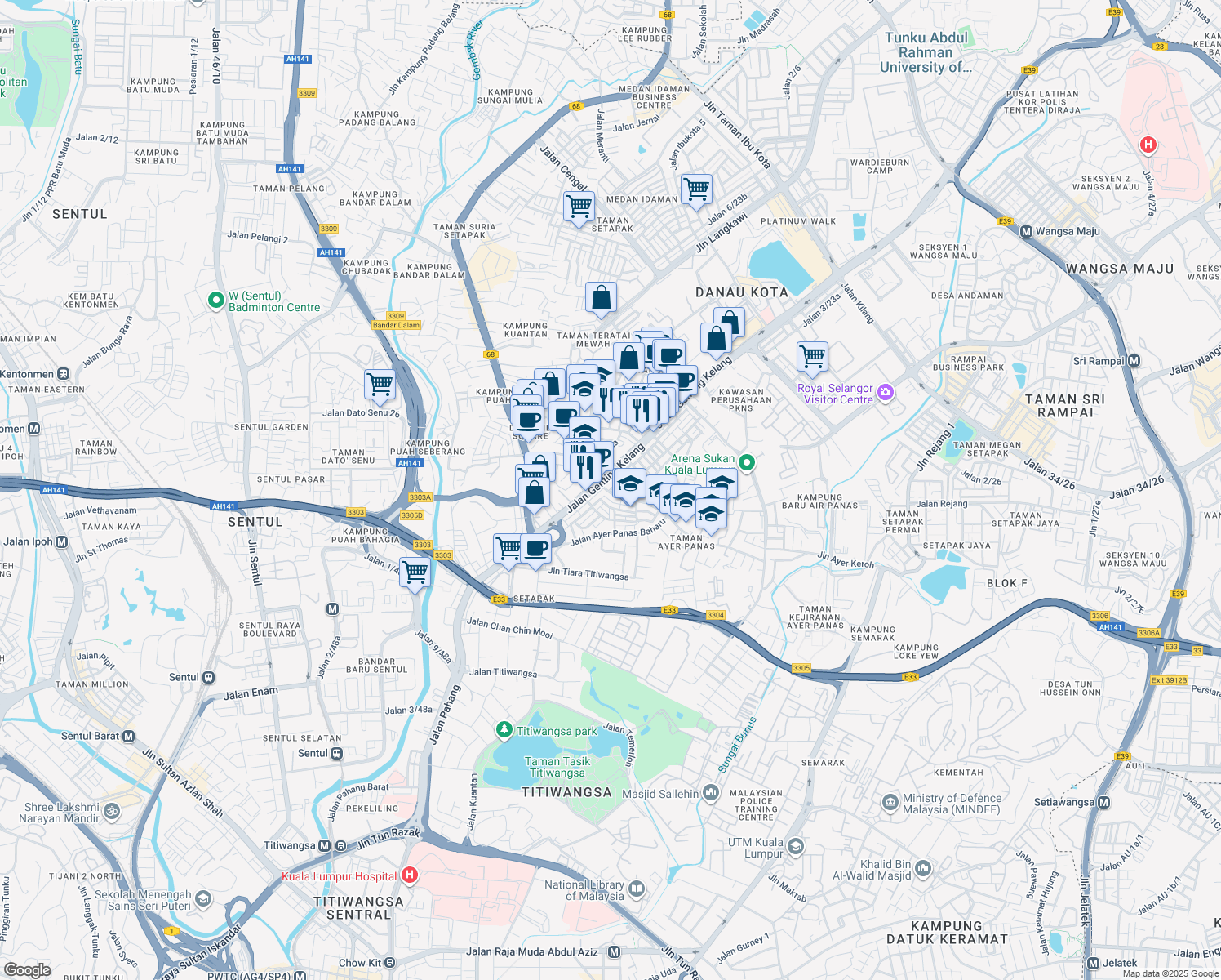 map of restaurants, bars, coffee shops, grocery stores, and more near 2 Jalan Ayer Panas in Kuala Lumpur