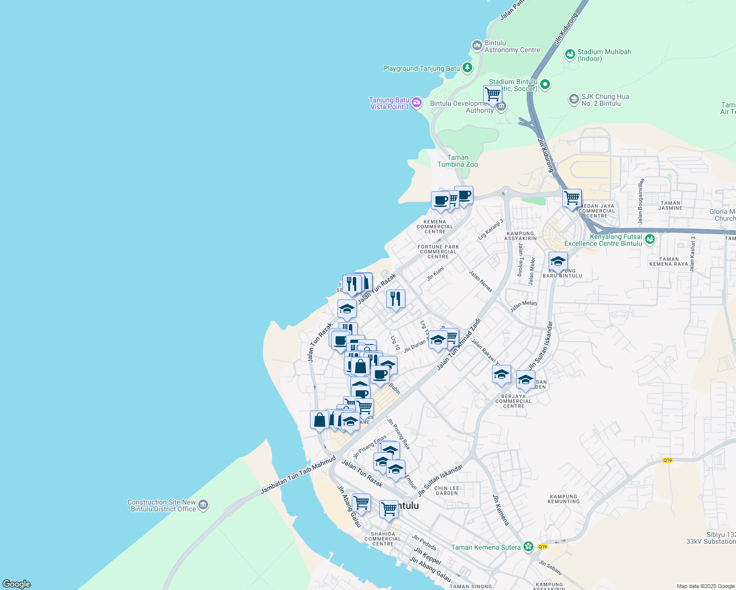 map of restaurants, bars, coffee shops, grocery stores, and more near Jalan Tun Razak in Bintulu