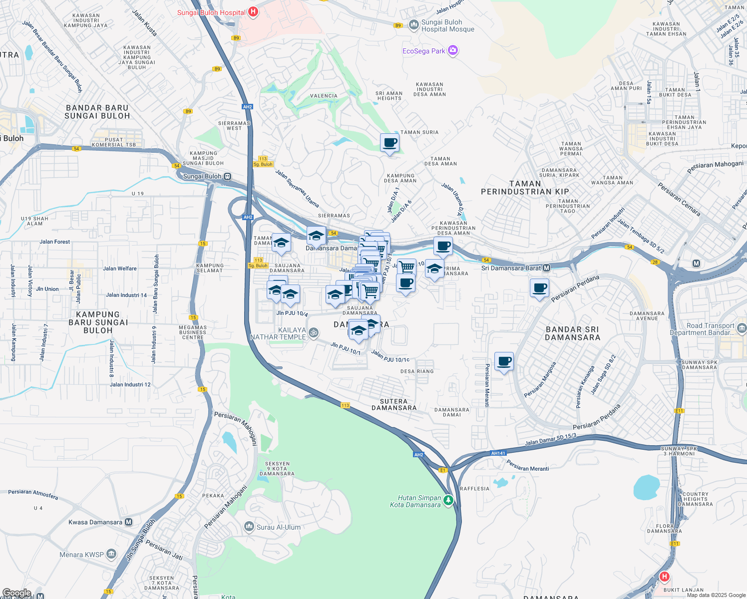 map of restaurants, bars, coffee shops, grocery stores, and more near 14 Jalan PJU 10/2b in Petaling Jaya