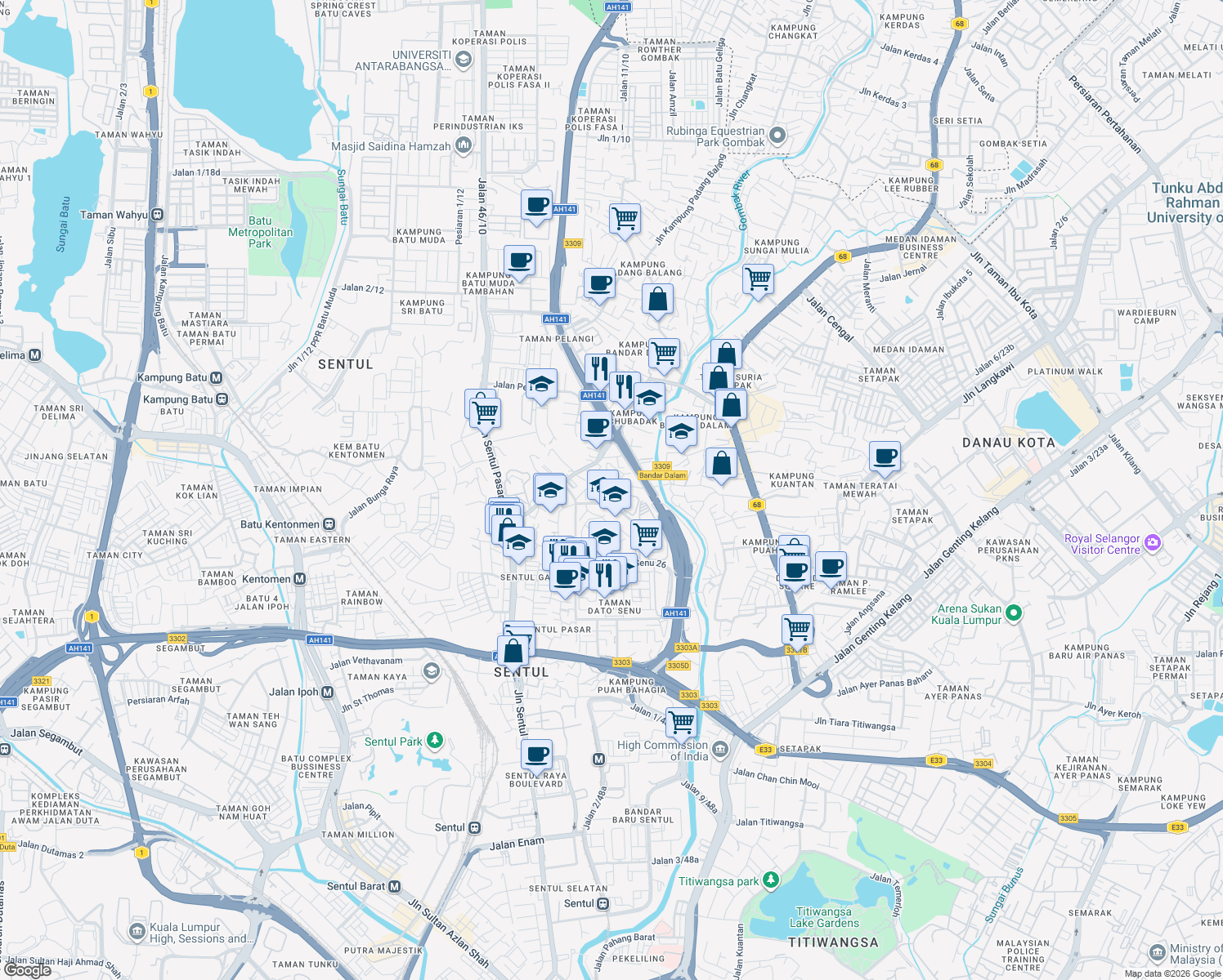 map of restaurants, bars, coffee shops, grocery stores, and more near Jalan Kampung Bandar Dalam in Kuala Lumpur