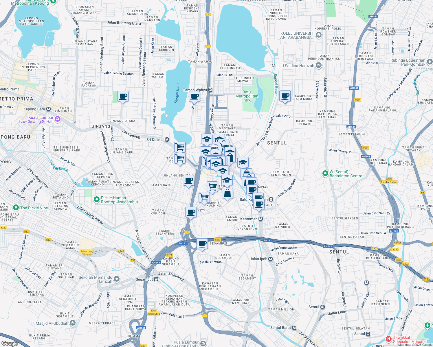 map of restaurants, bars, coffee shops, grocery stores, and more near Jalan Batu Batan in Kuala Lumpur