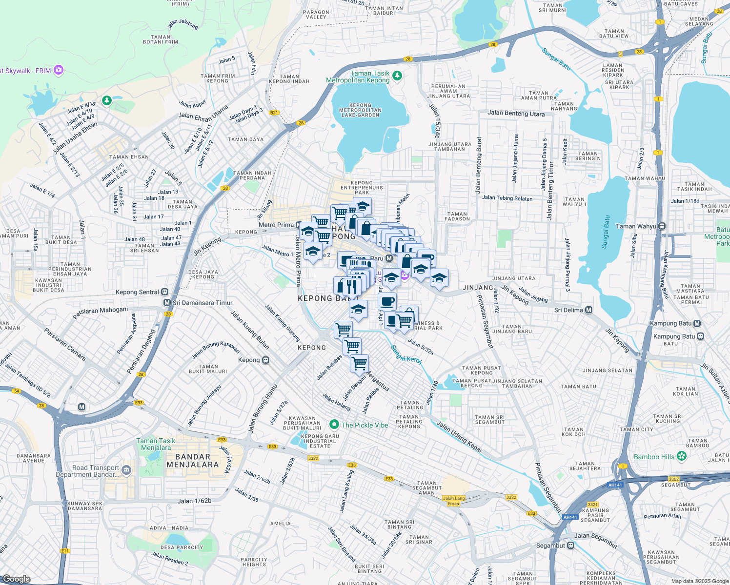 map of restaurants, bars, coffee shops, grocery stores, and more near Jalan Kepong Baru & Jalan Ambong 4 in Kuala Lumpur