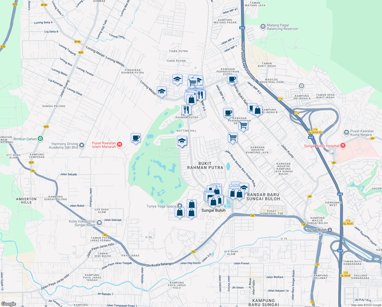map of restaurants, bars, coffee shops, grocery stores, and more near Persiaran Bukit Rahman Putra 1 in Sungai Buloh