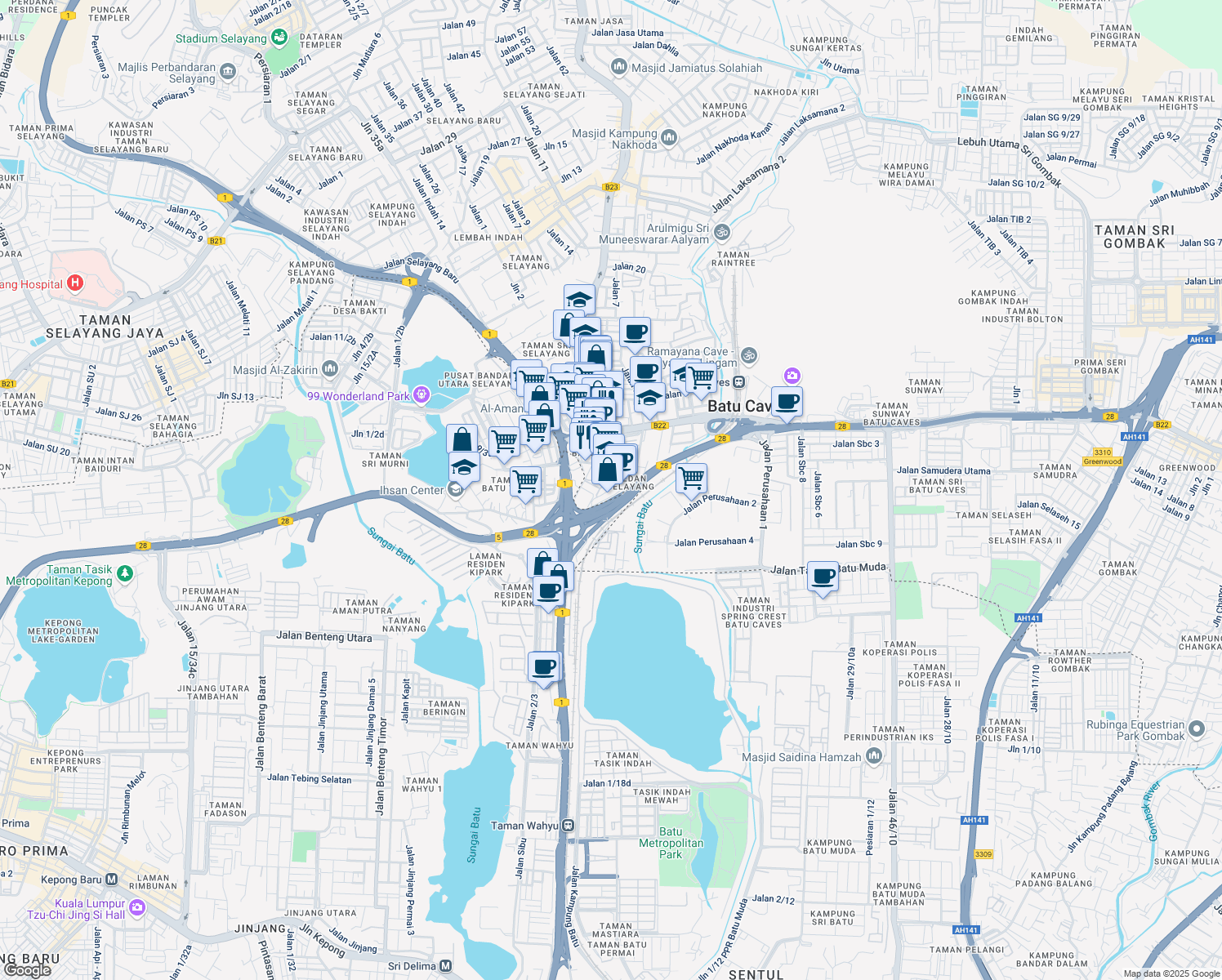 map of restaurants, bars, coffee shops, grocery stores, and more near Jalan Medan Selayang 2 in Batu Caves