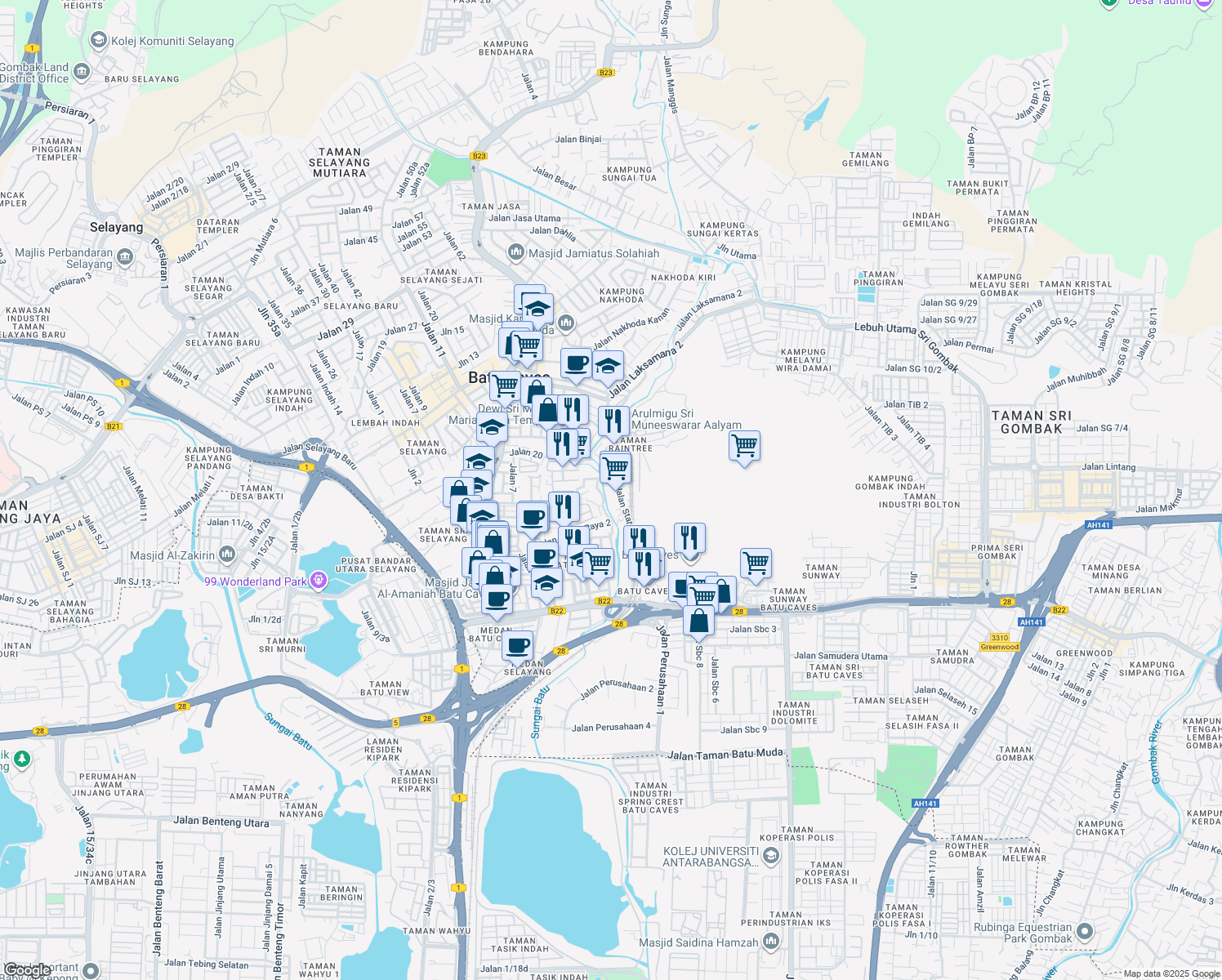 map of restaurants, bars, coffee shops, grocery stores, and more near Jalan Raintree Utama in Batu Caves