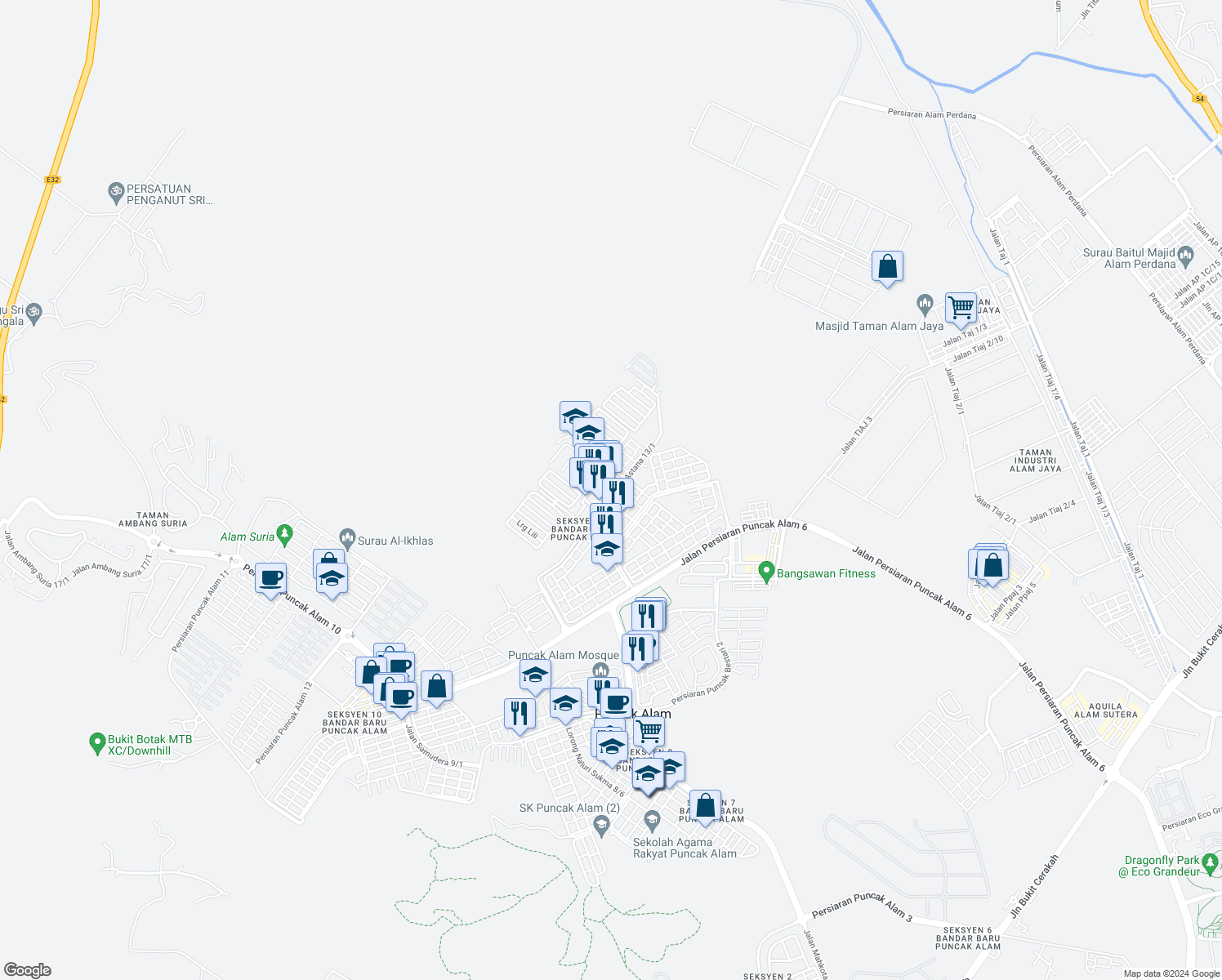 map of restaurants, bars, coffee shops, grocery stores, and more near 24 Jalan Astana D 13/D in Bandar Puncak Alam